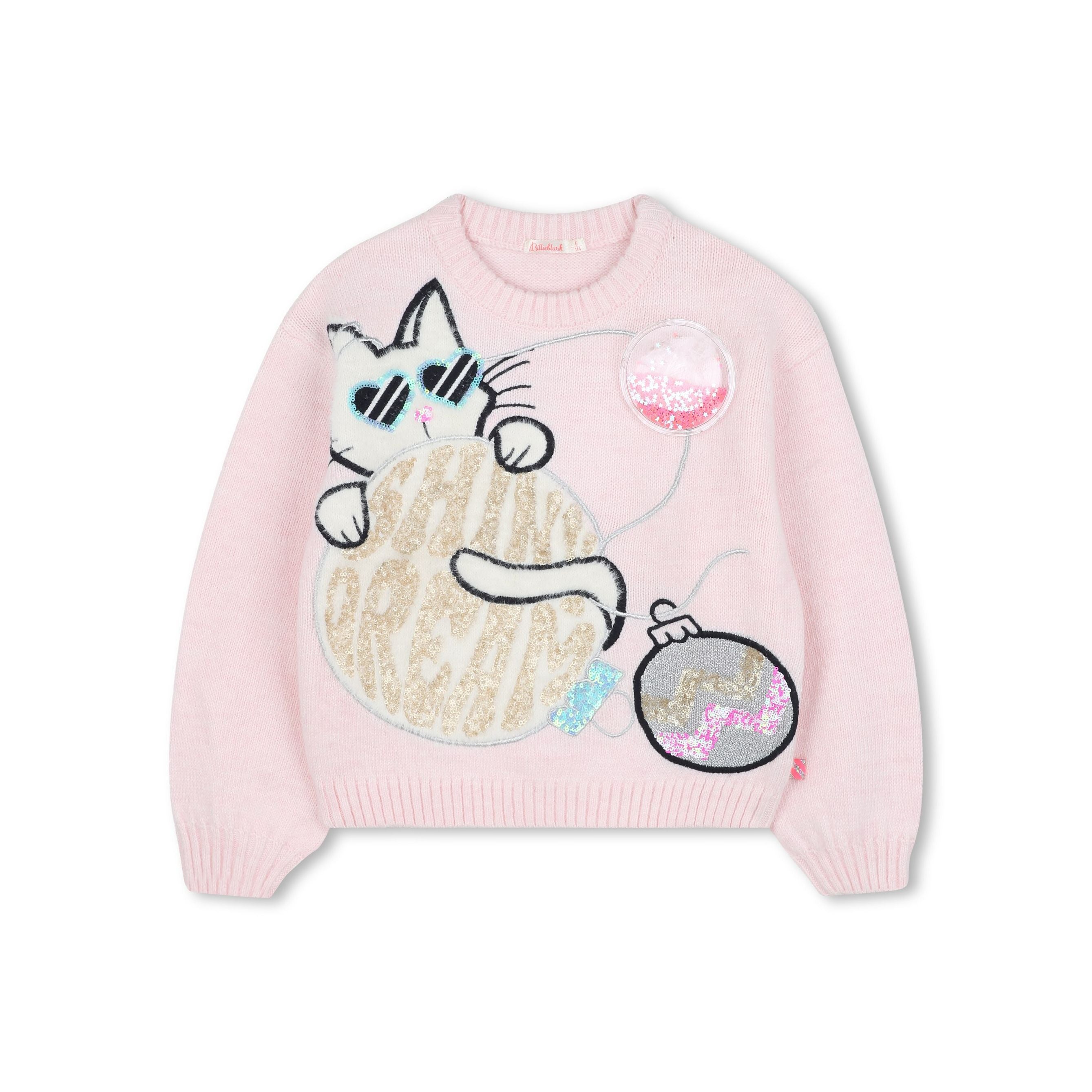 Girls Light Pink Embroidered Cat Knit Sweater