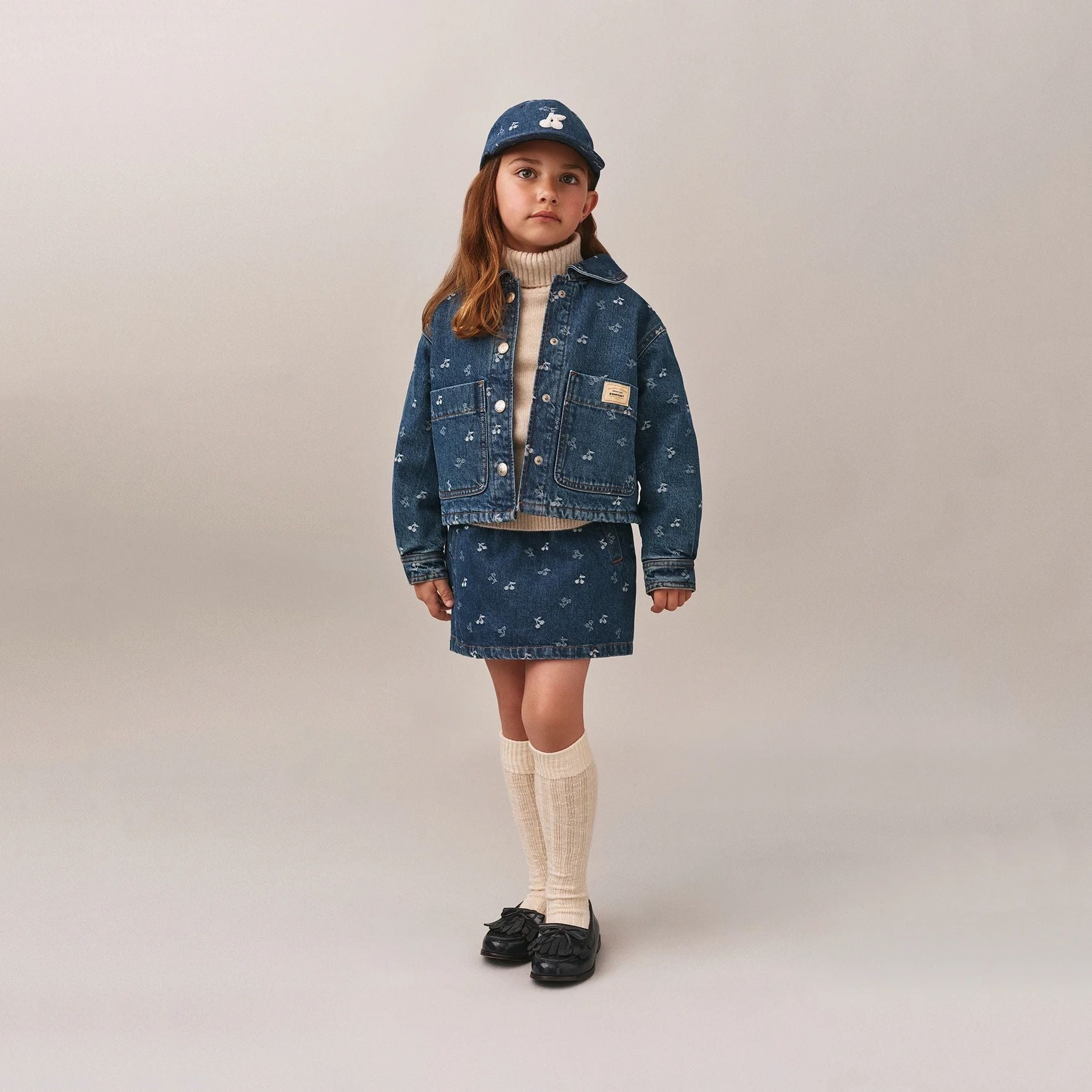 Girls Blue Jacquard Cherry Logo Denim Jacket