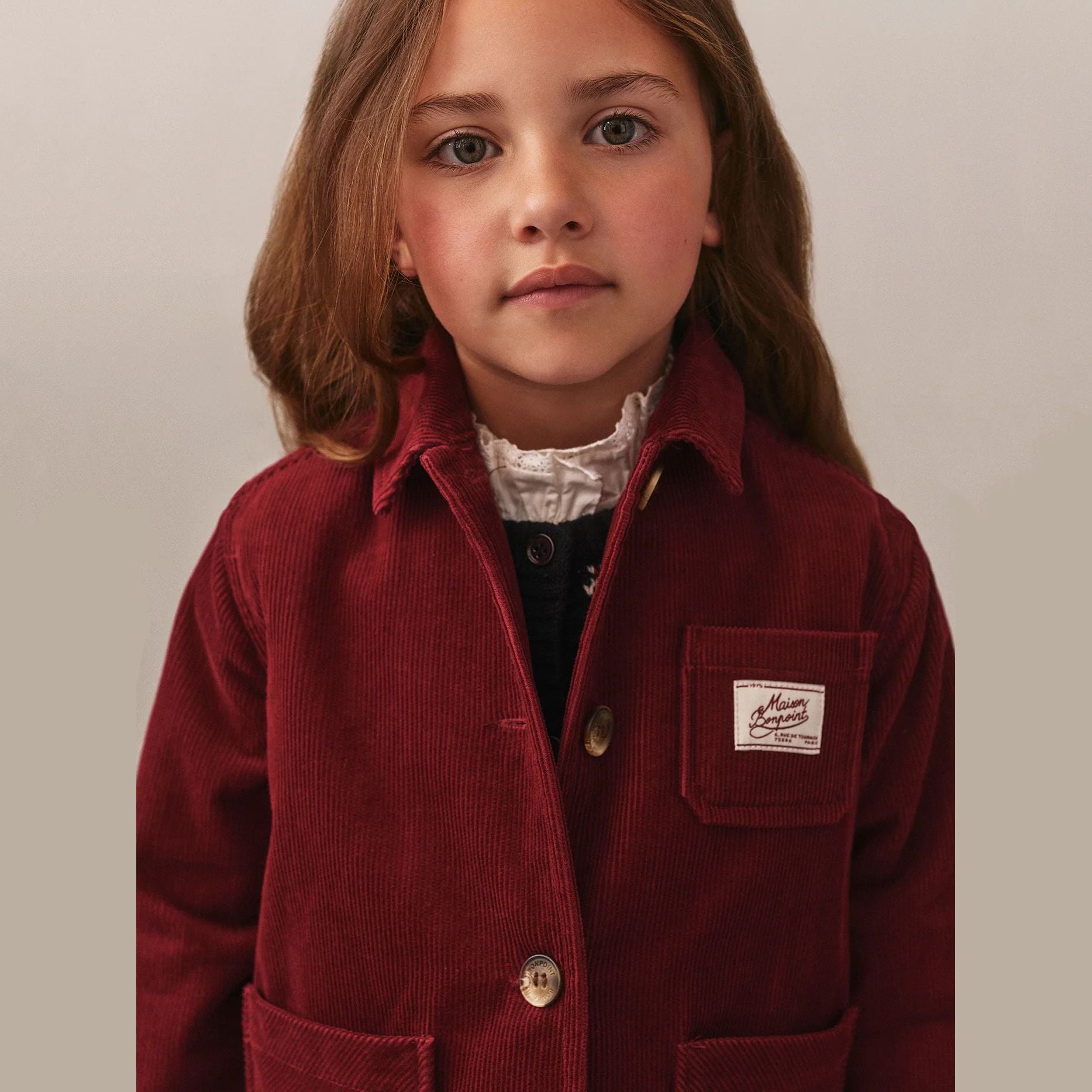 Girls Red Embroidered Cherry Corduroy Jacket