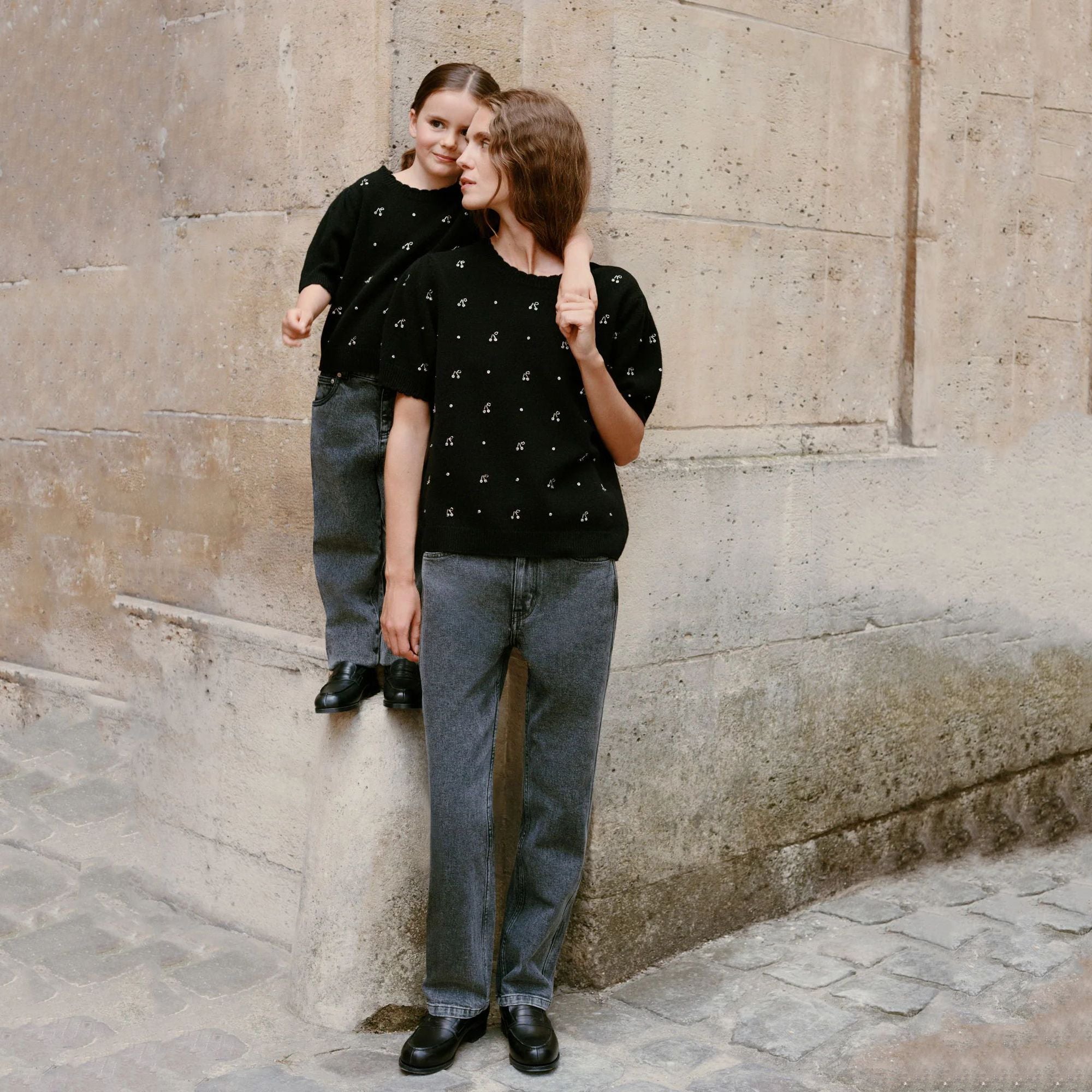 Girls Black Embroidered Cherry Wool Sweater