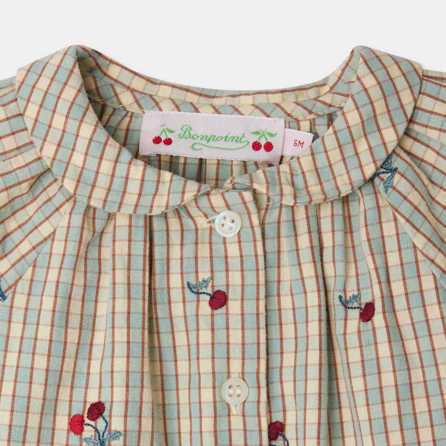 Baby Girls Beige Check Embroidered Cherry Cotton Shirt