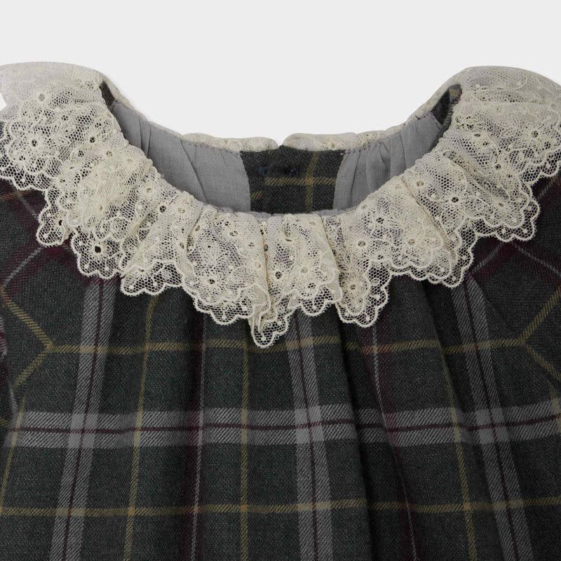 Girls Grey Check Embroidered Ruffled Cotton Dress