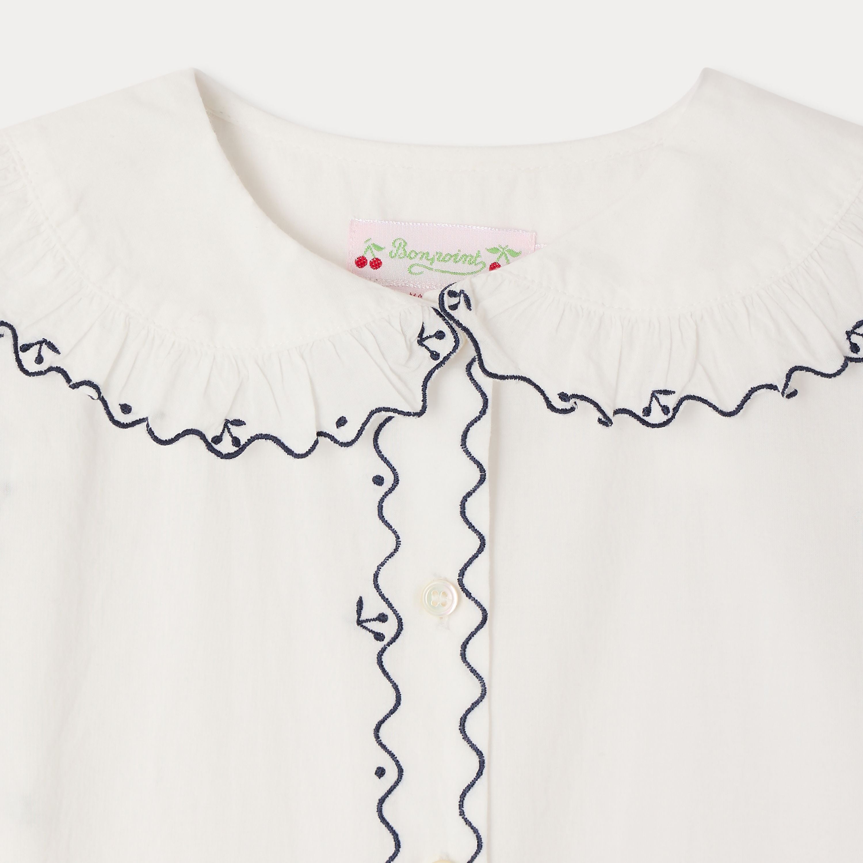 Girls White Cherry Embroidered Cotton Shirt