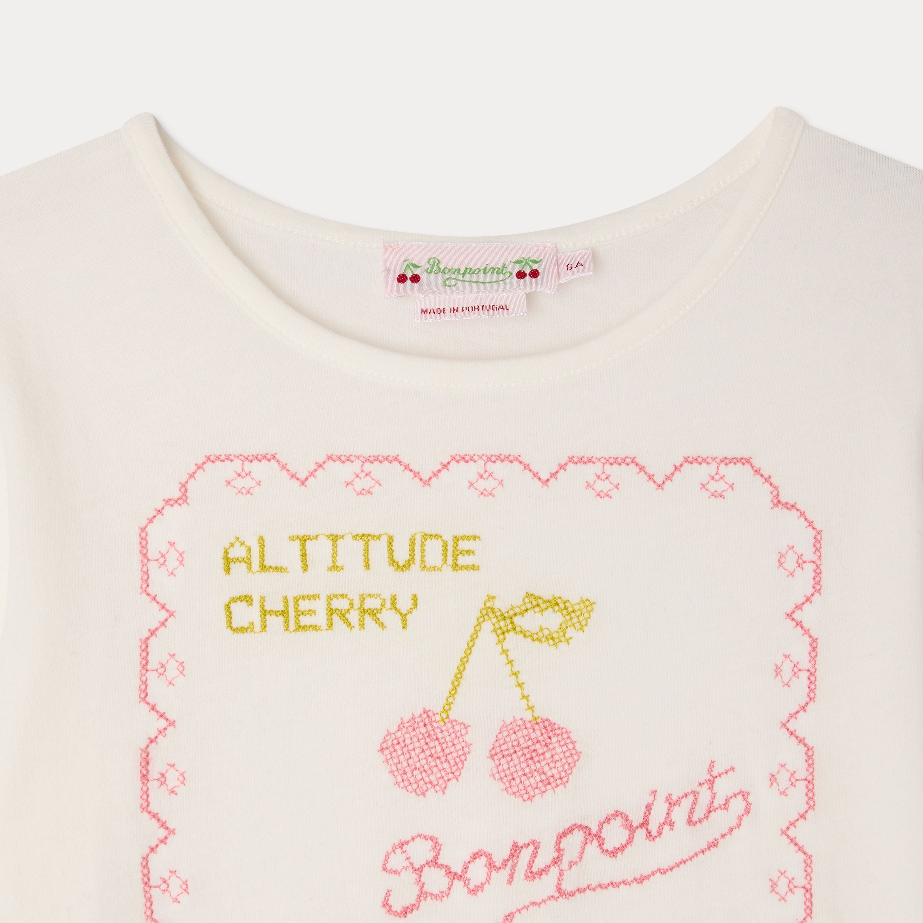 Girls White Cherry Embroidered Cotton T-Shirt