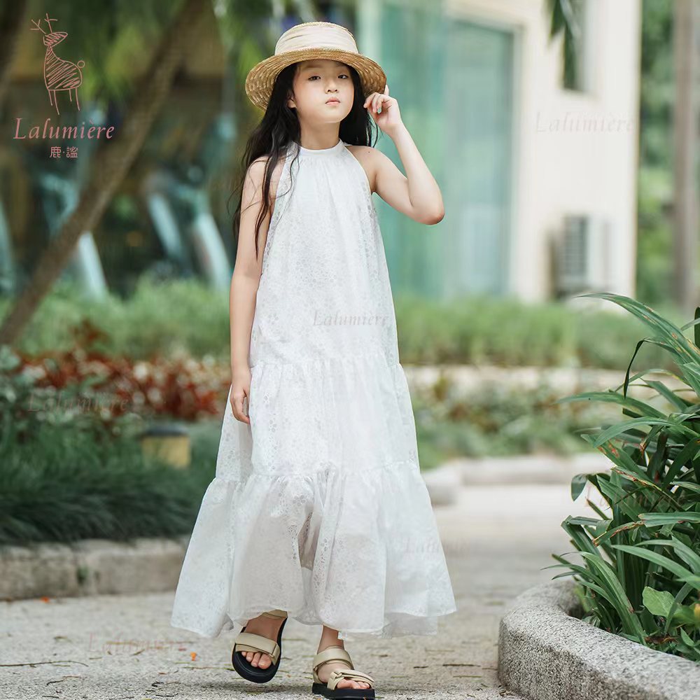女童白色度假长礼服裙