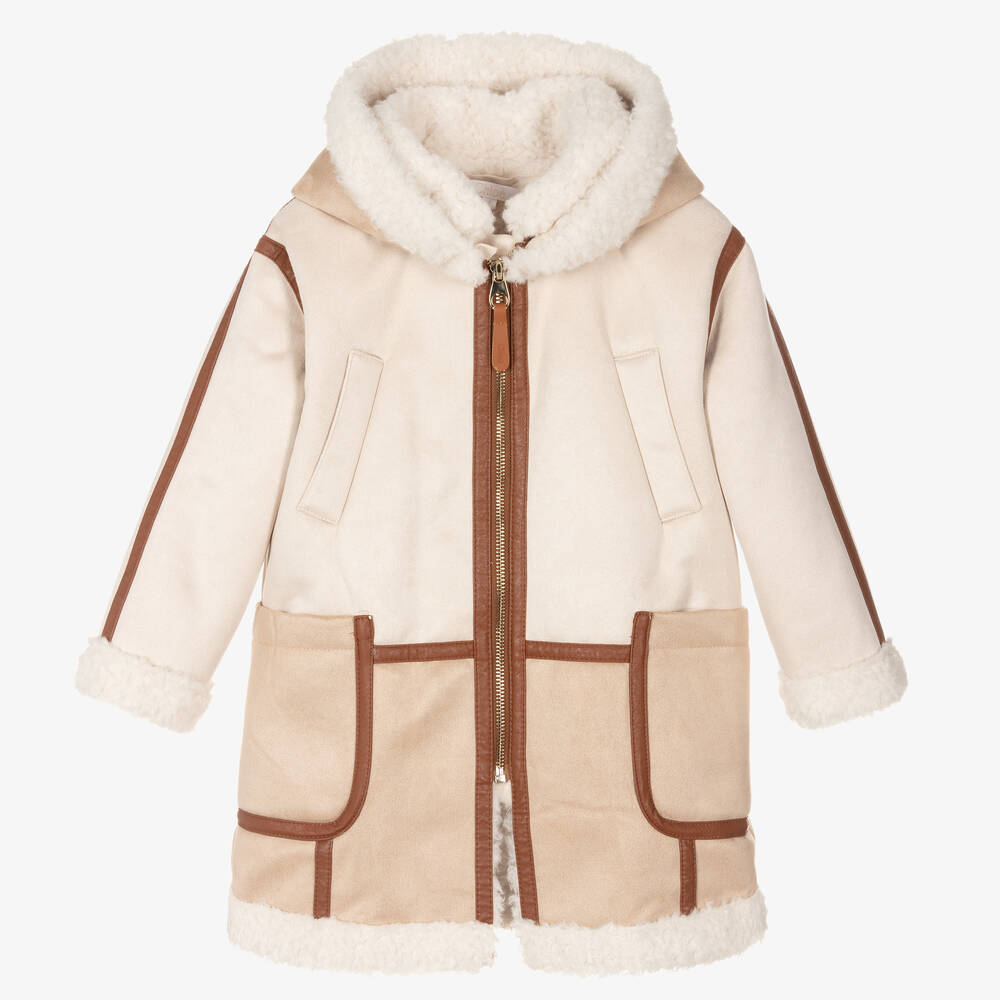 Girls Beige Hooded Coat