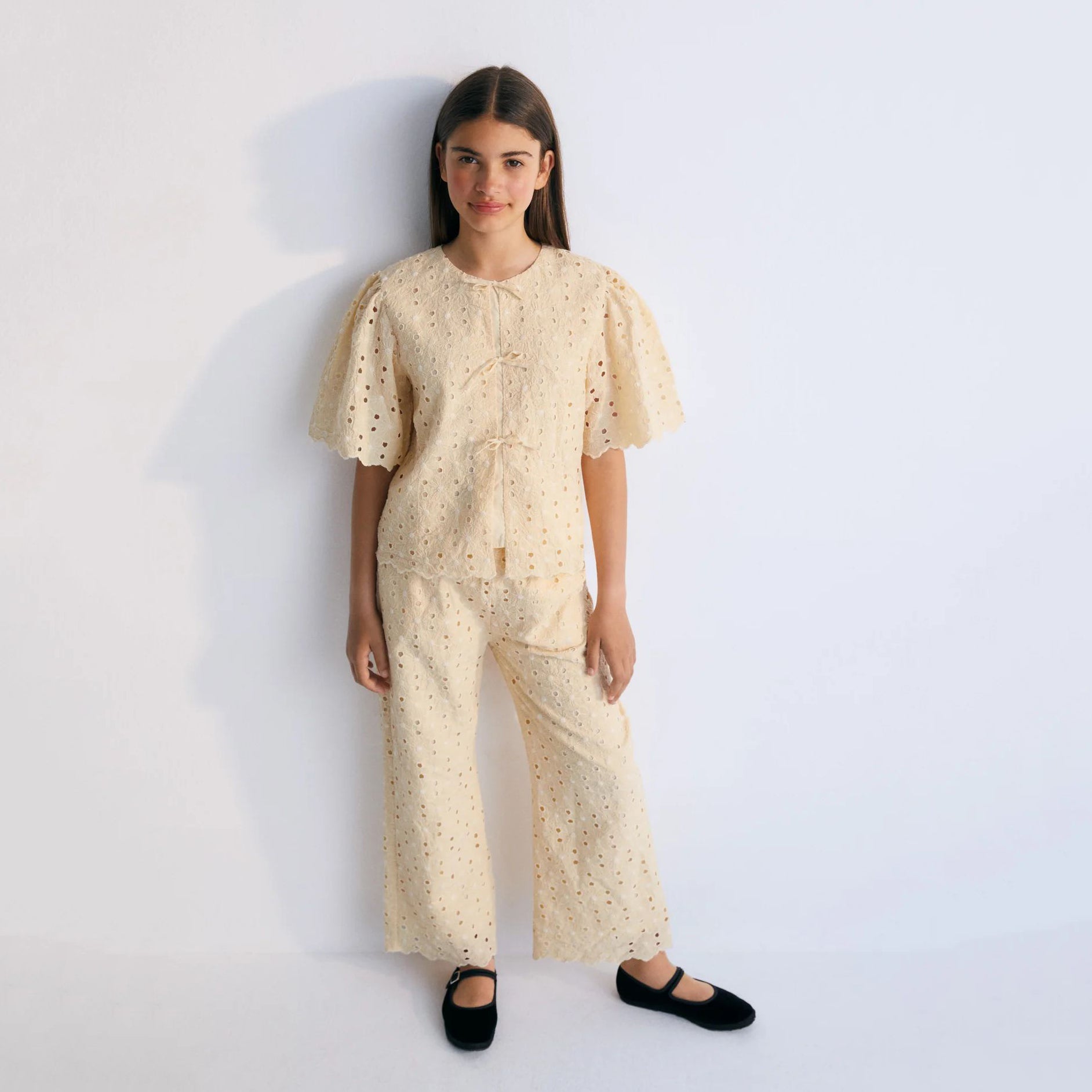 Girls Light Yellow Embroidered Cotton Top