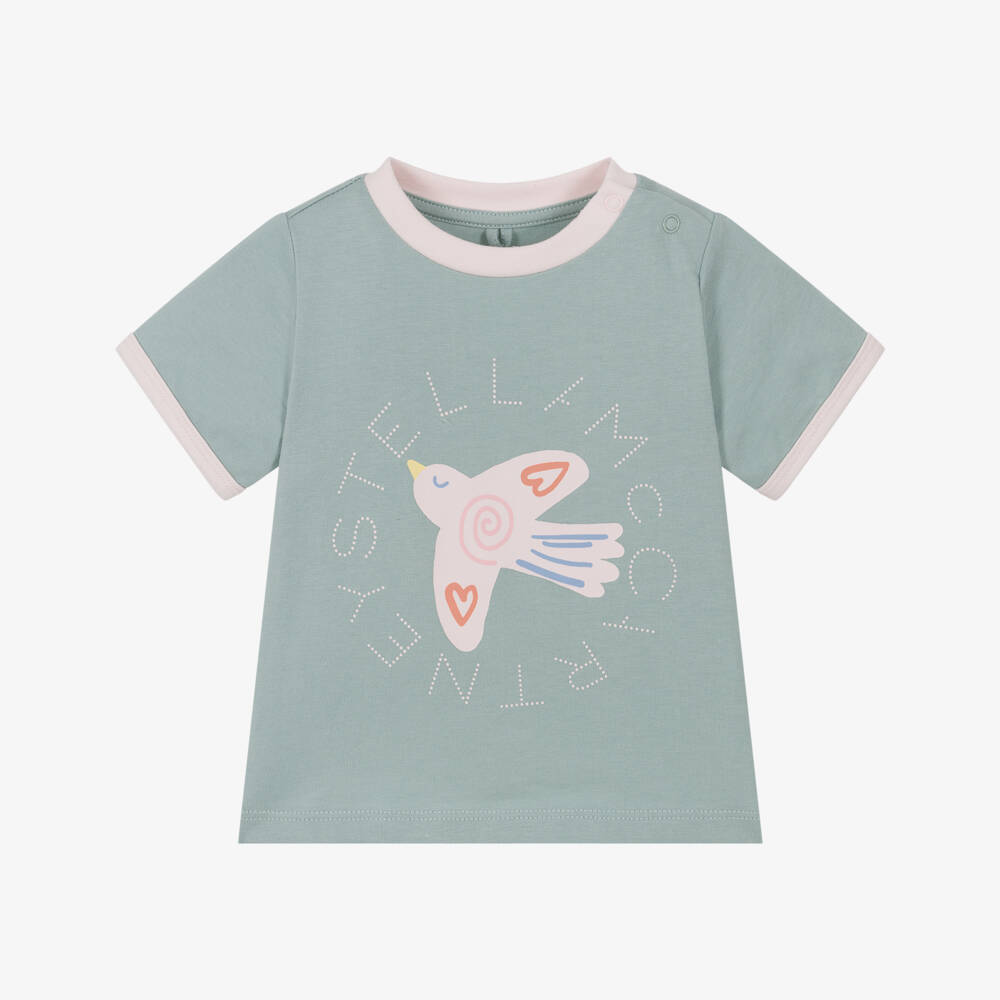 Baby Girls Grey Green Printed Cotton T-Shirt