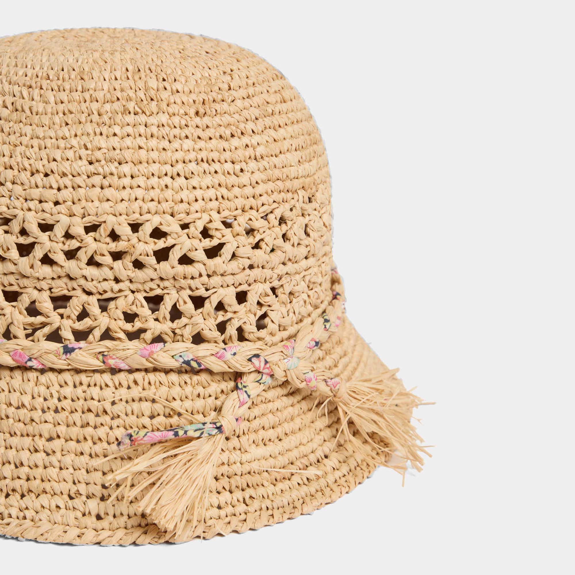 Girls Beige Hollow Raphia Sun Hat