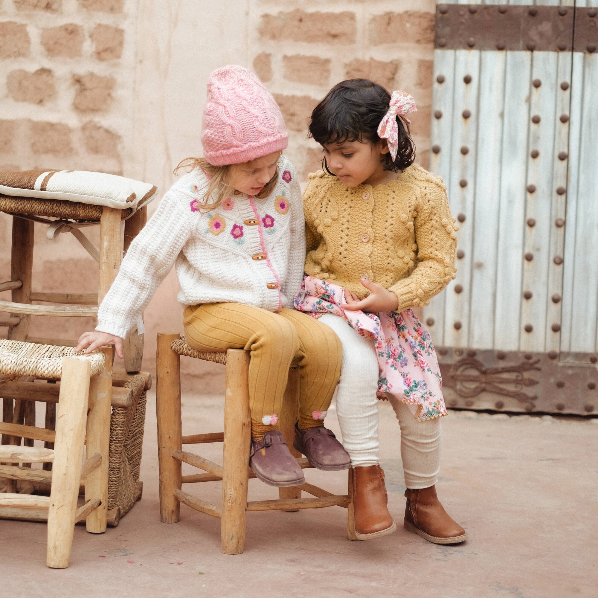 Girls White Flower Wool Cardigan