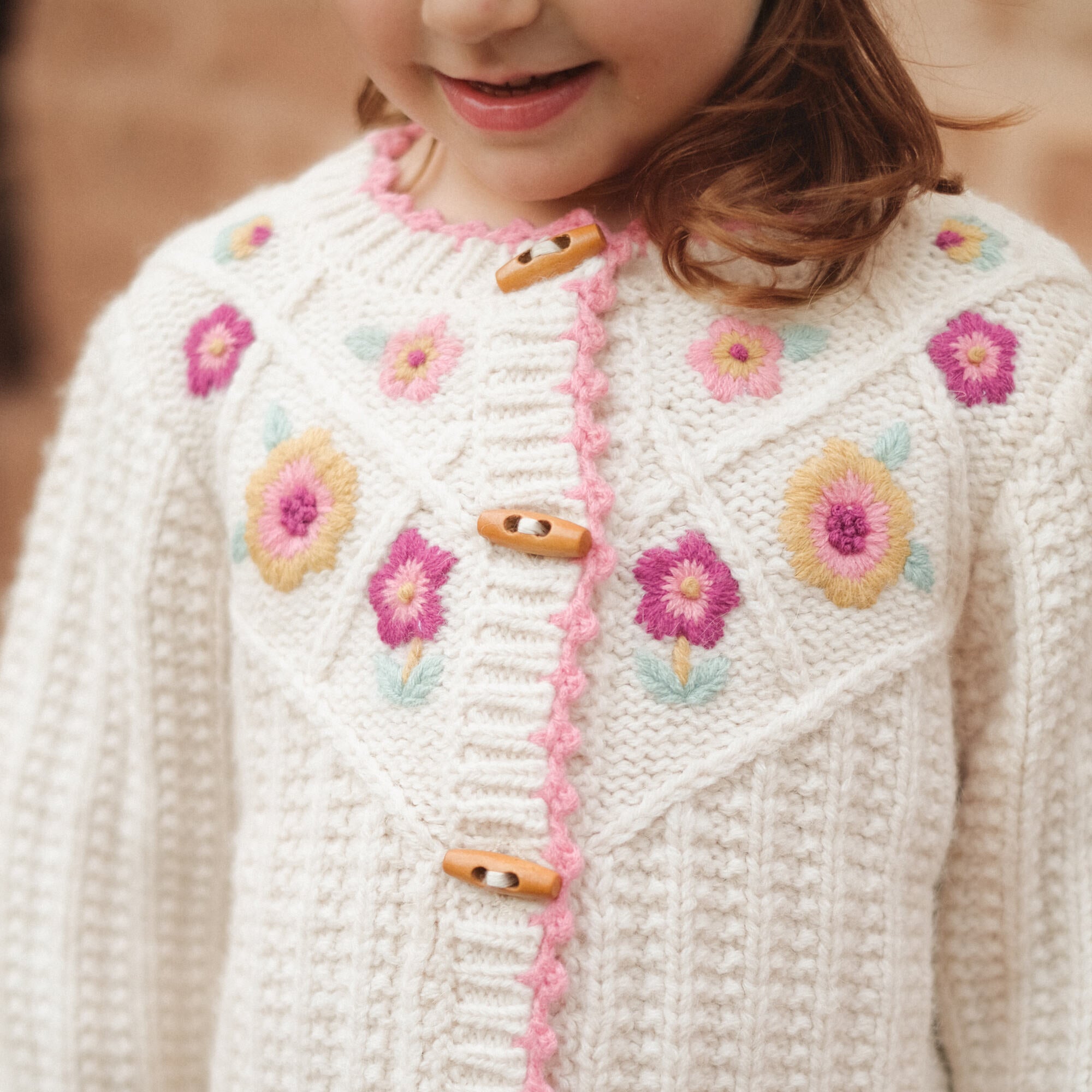 Girls White Flower Wool Cardigan