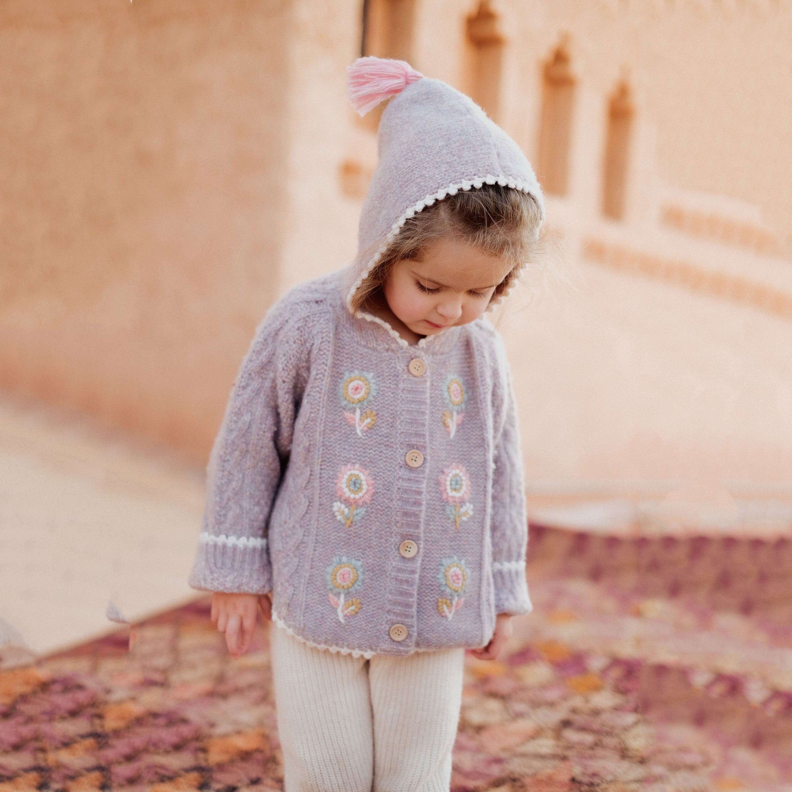 Girls Mauve Wool Hooded Cardigan