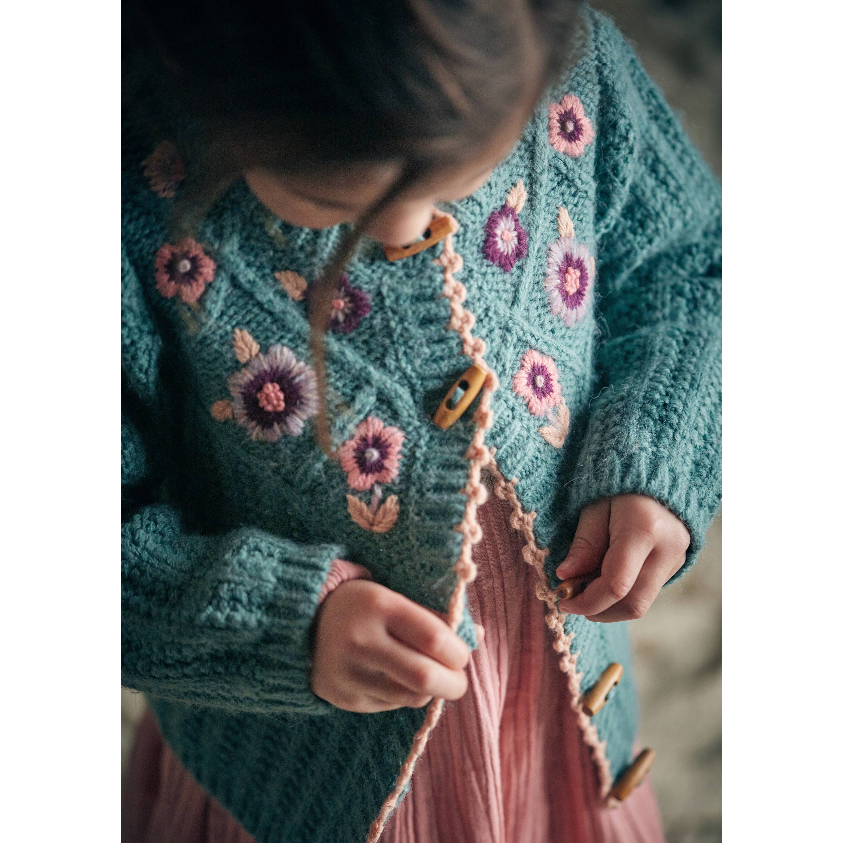 Girls Blue Flower Wool Cardigan