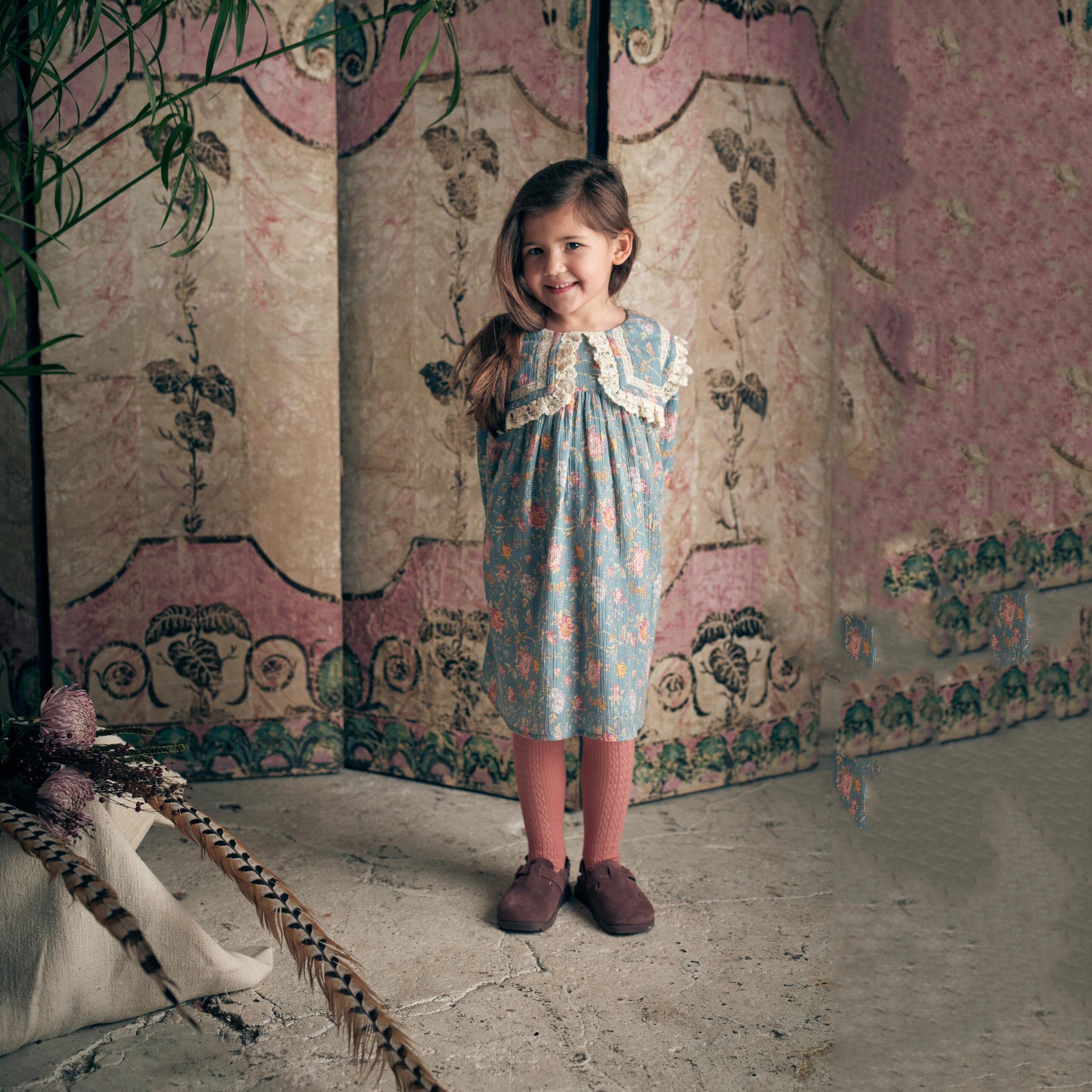 Girls Green Flowers Cotton Dress