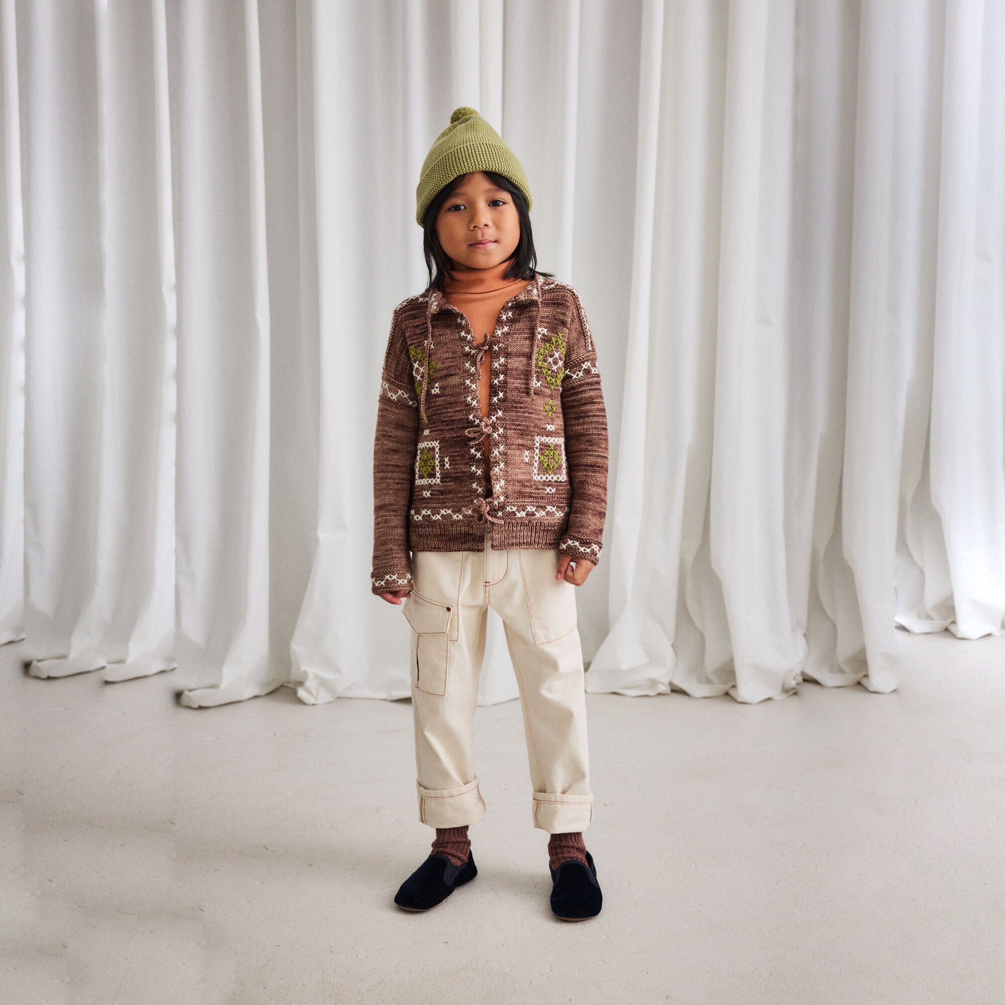 Boys & Girls Brown Embroidered Wool Cardigan