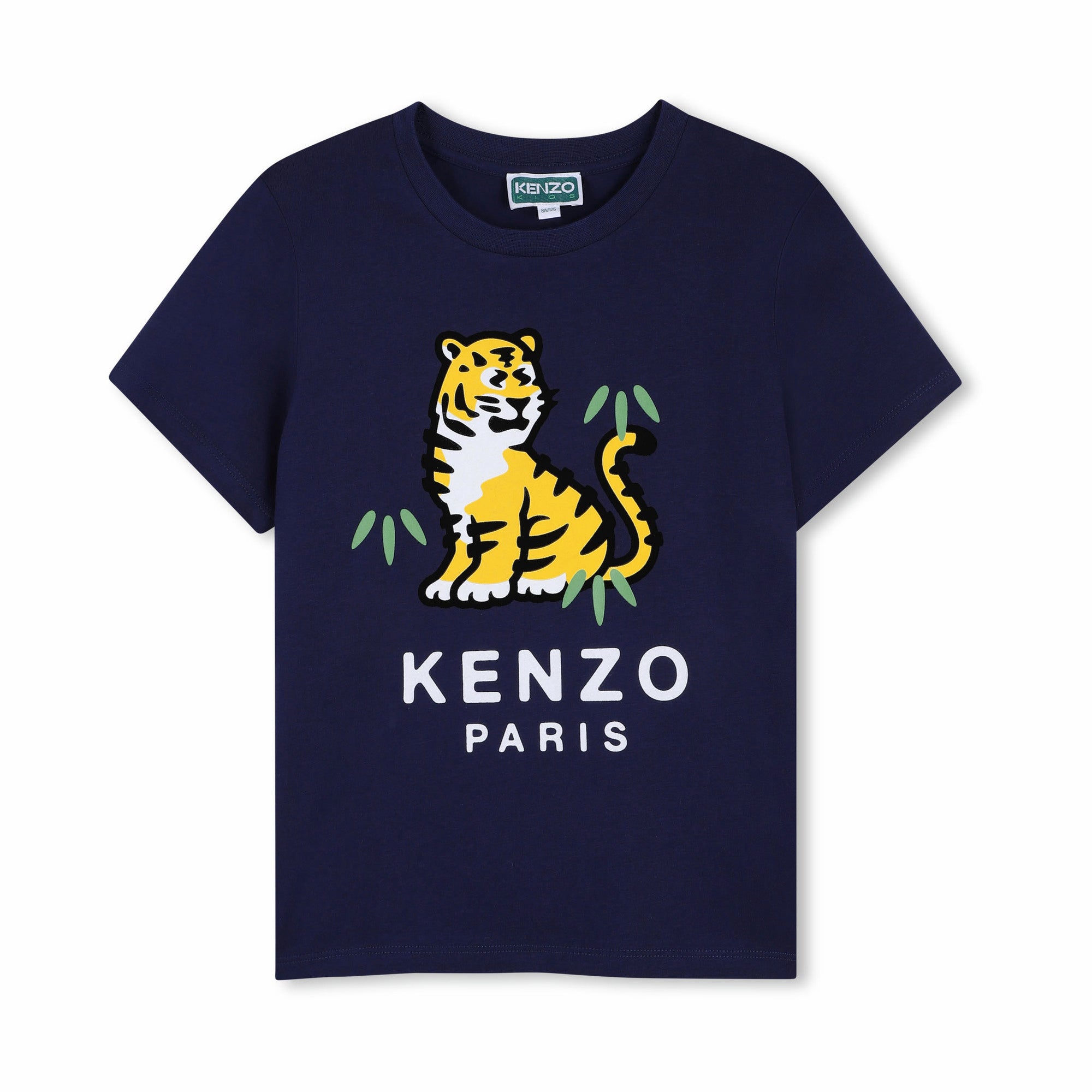 Girls Dark Blue Tiger Printed Cotton T-Shirt