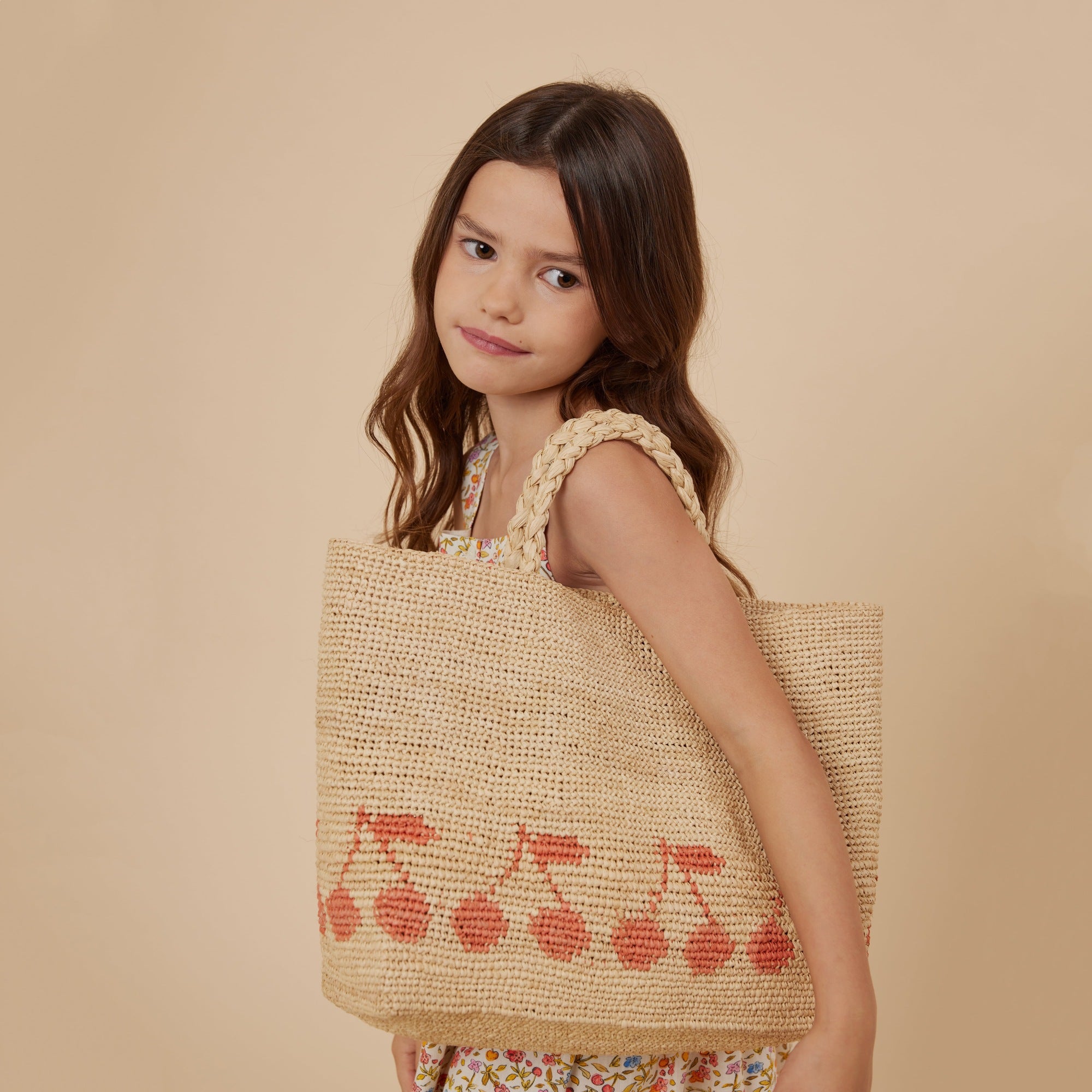 Girls Beige Logo Raphia Handbag