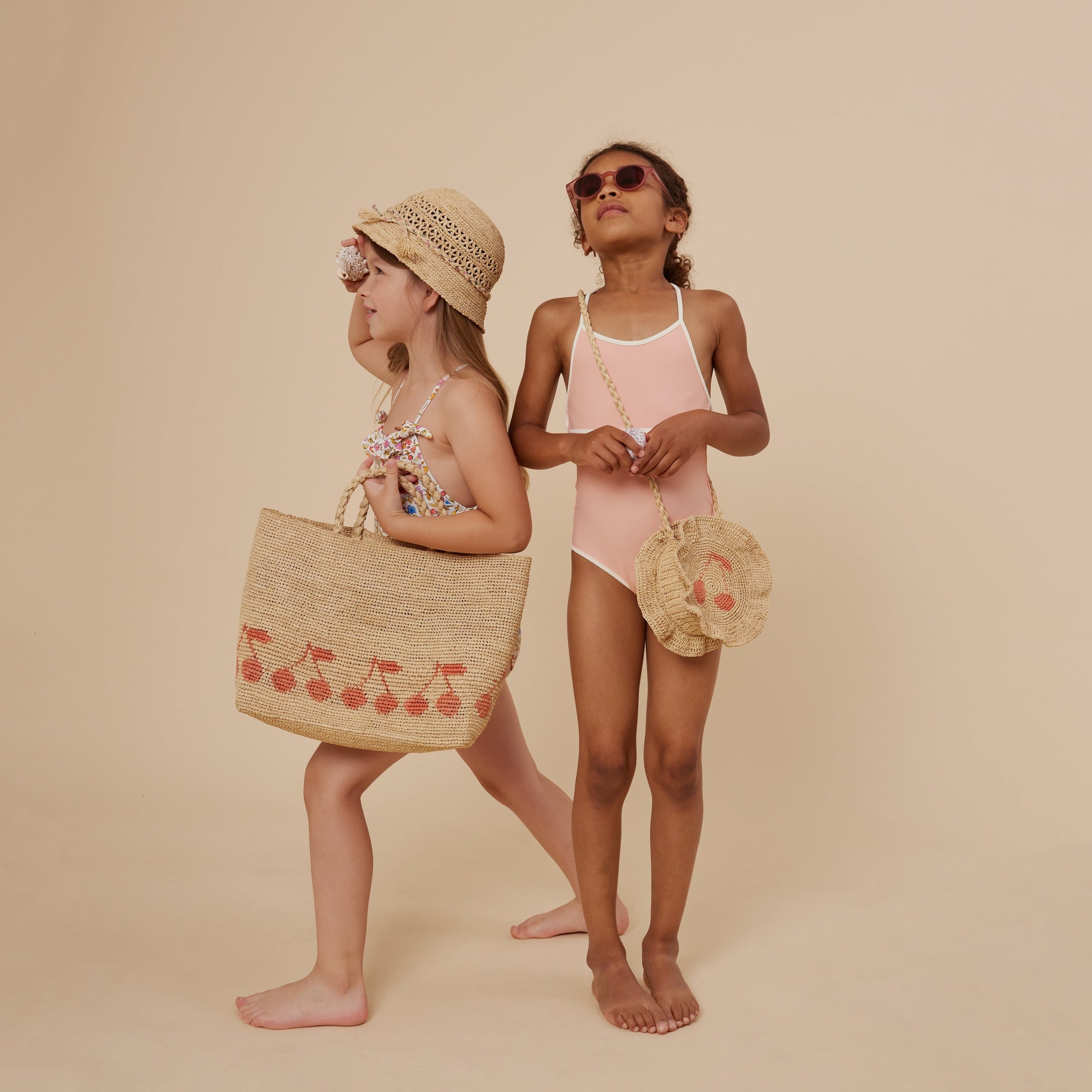 Girls Beige Logo Raphia Shoulder Bag