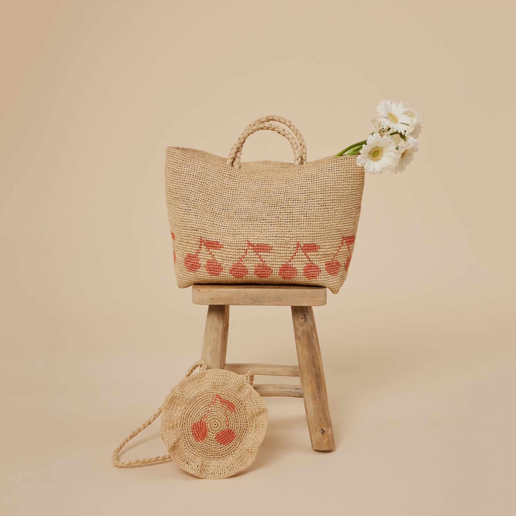 Girls Beige Logo Raphia Shoulder Bag