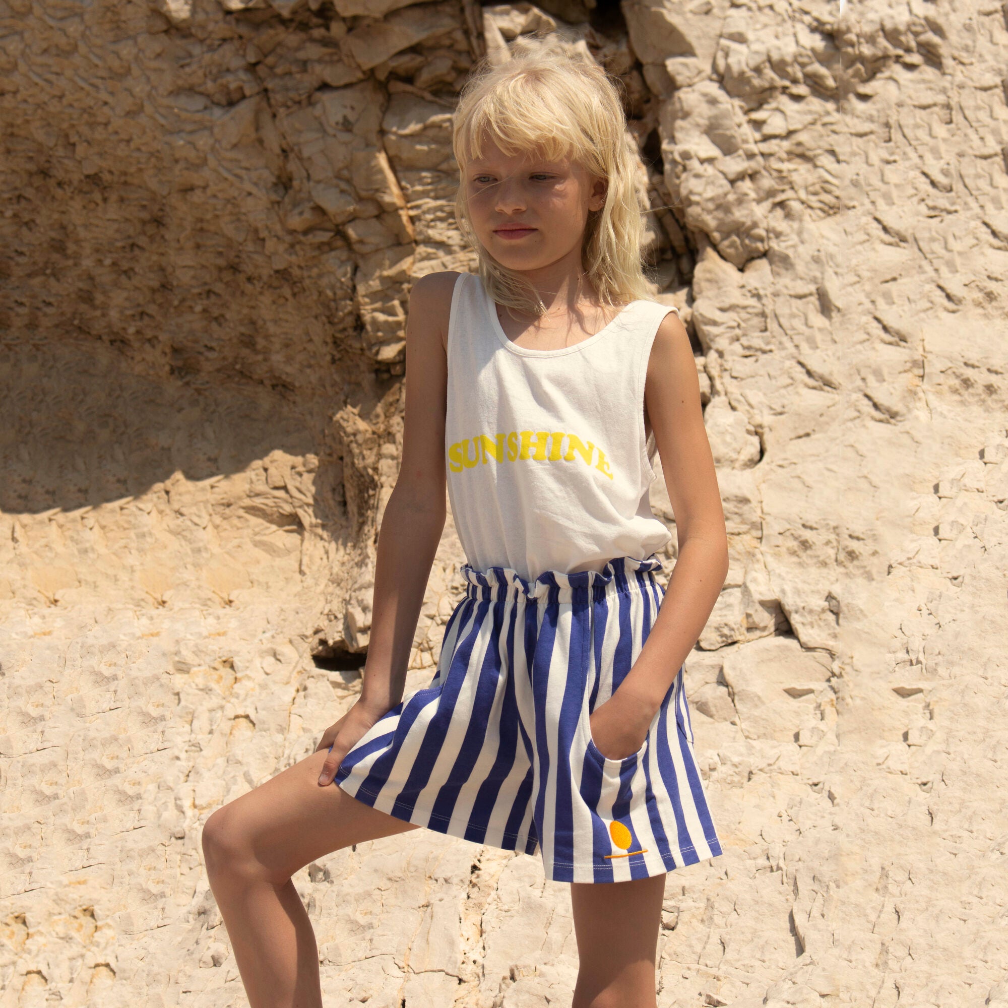 Girls Blue Stripes Cotton Shorts