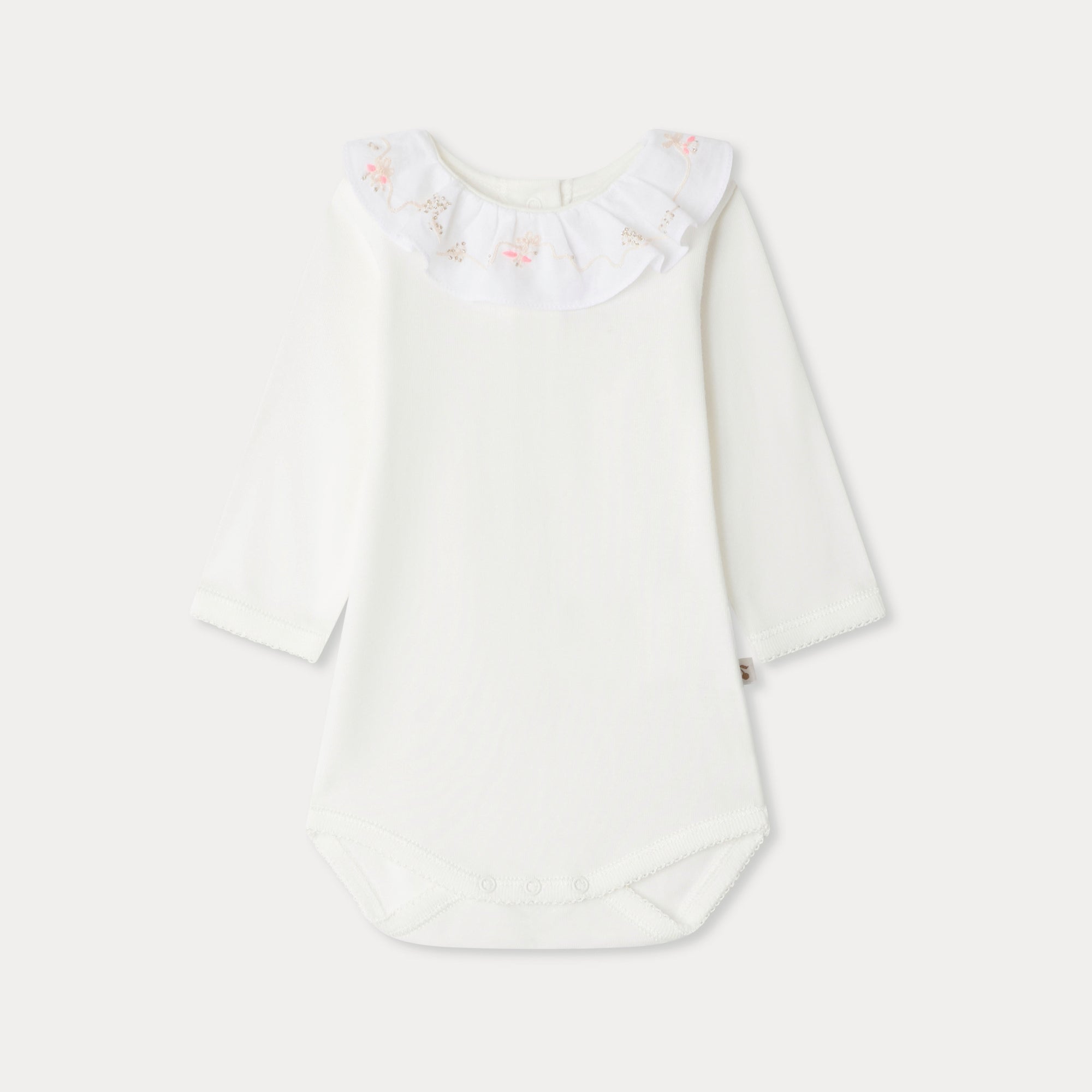 Baby Girls White Embroidered Ruffled Cotton Babysuit