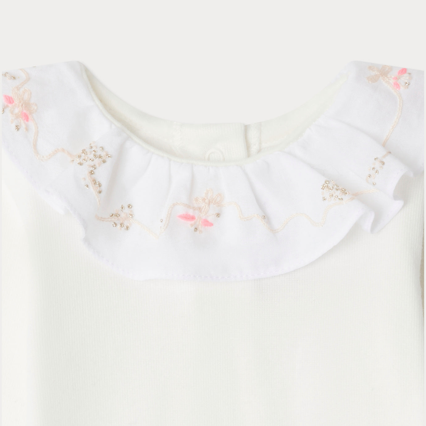 Baby Girls White Embroidered Ruffled Cotton Babysuit