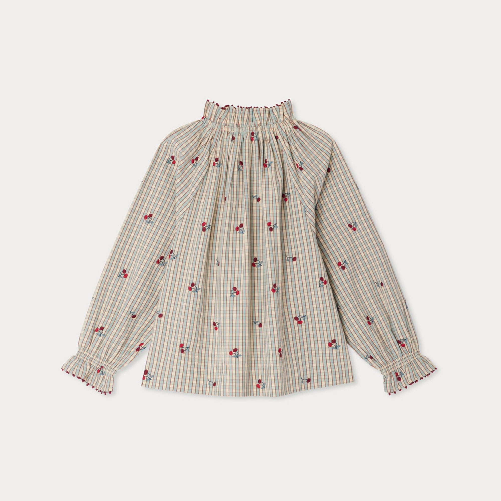Girls Beige Check Embroidered Cherry Cotton Shirt