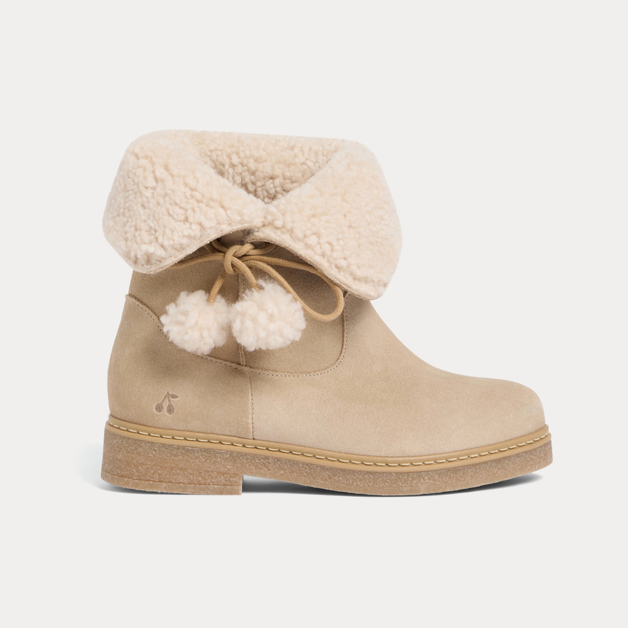 Girls Beige Cherry Pompoms Boots