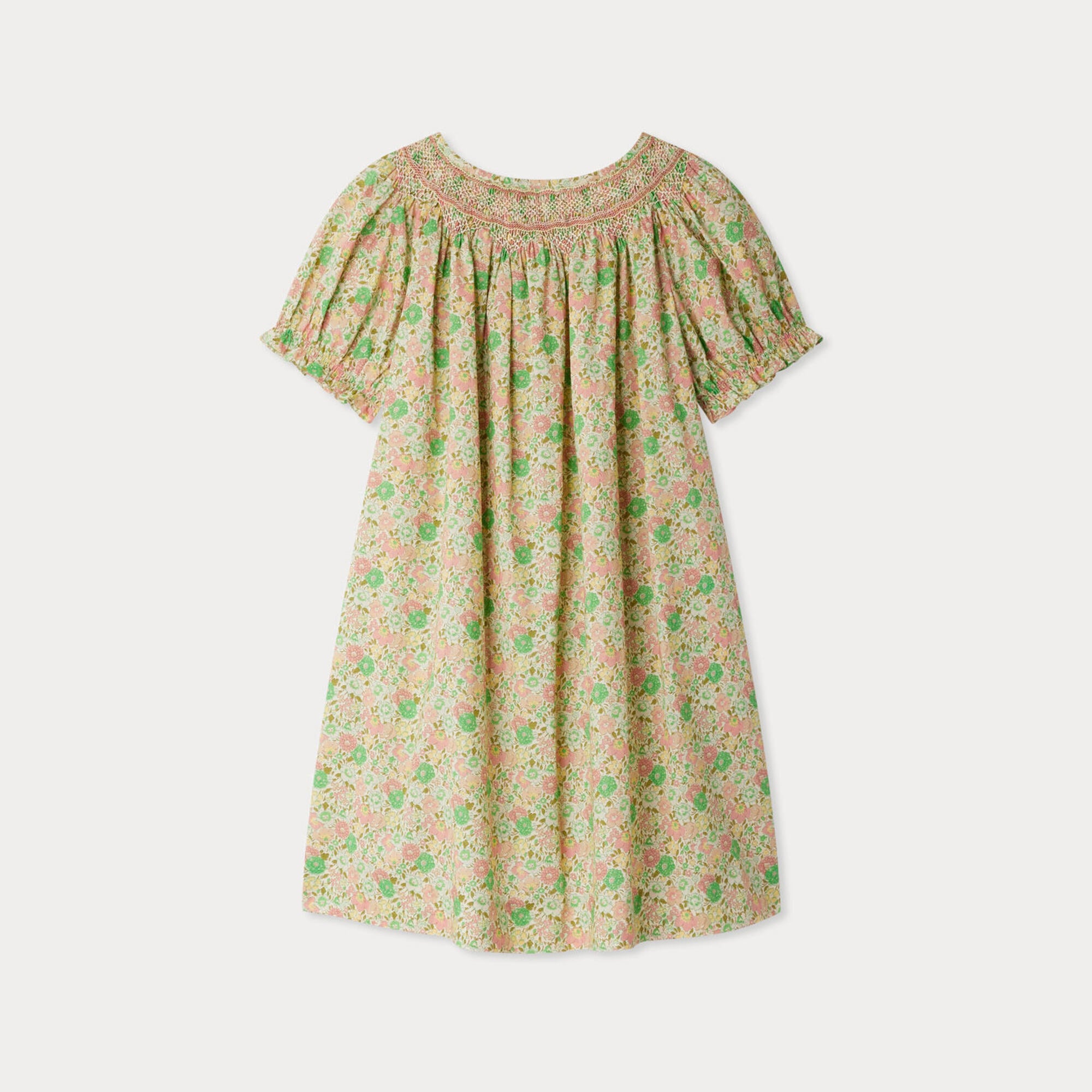 Girls Green Floral Cotton Dress