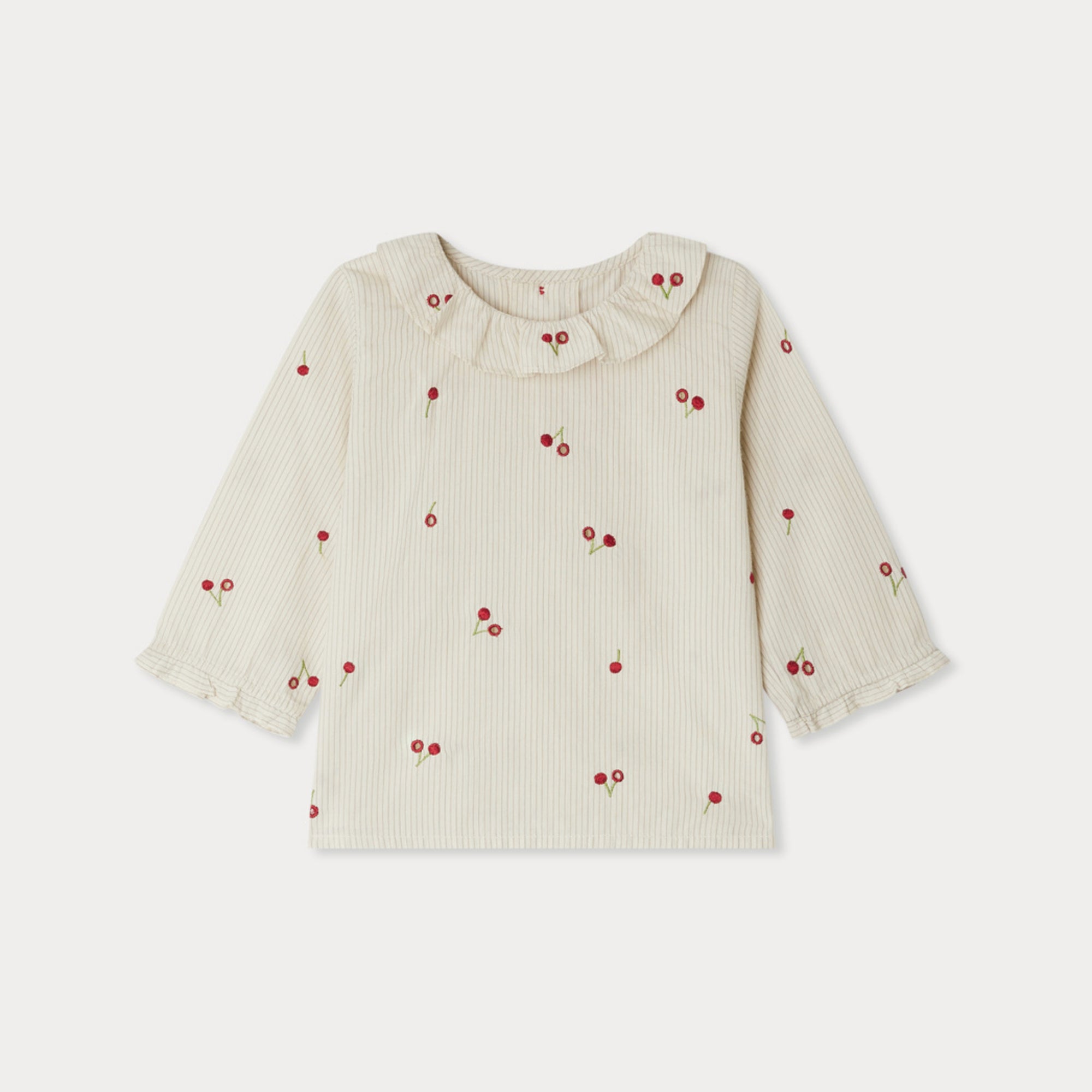 Baby Girls Beige Stripes Embroidered Cherry Cotton Blouse