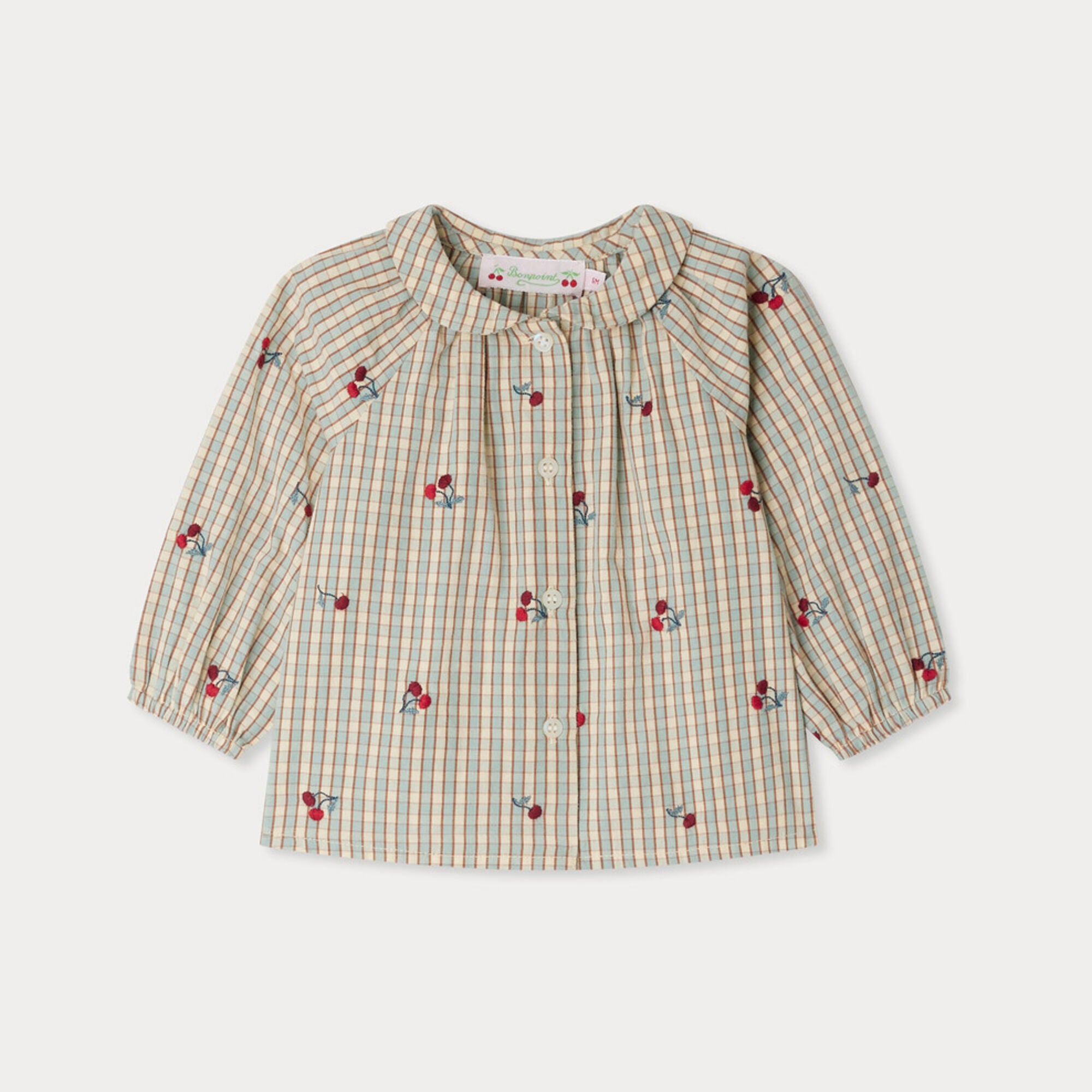 Baby Girls Beige Check Embroidered Cherry Cotton Shirt