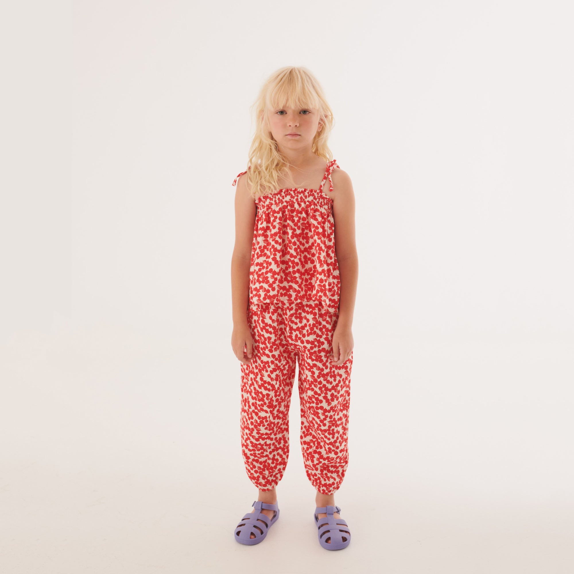 Girls Red Printed Strap Cotton Top