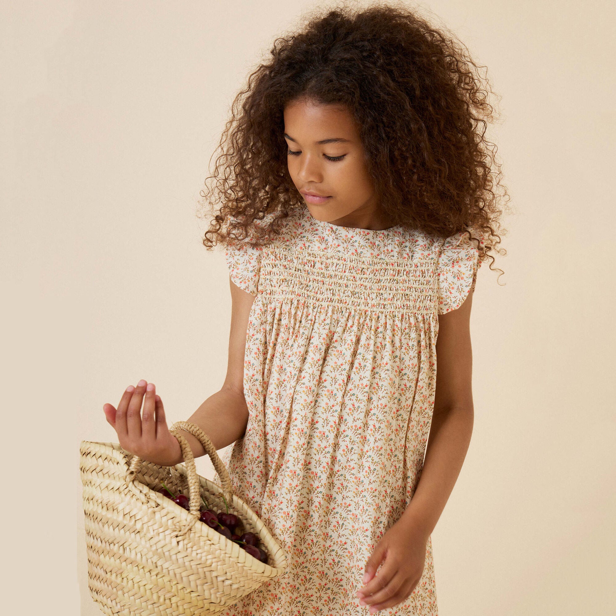 Girls Beige Floral Cotton Dress