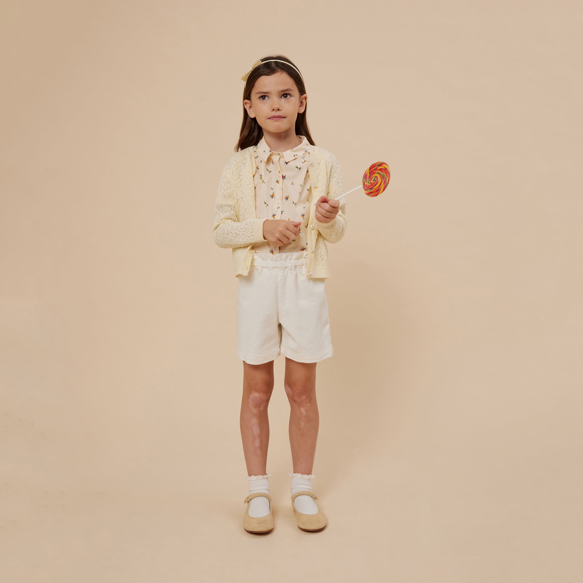 Girls Light Yellow Cherry Cotton Cardigan