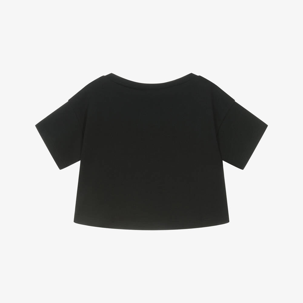 Girls Black Printed Logo Cotton T-Shirt