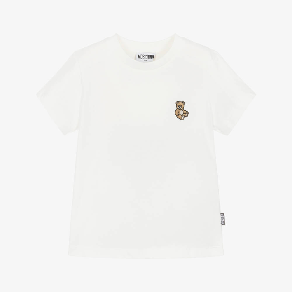 Boys & Girls White Embroidered Bear Patch Cotton T-Shirt