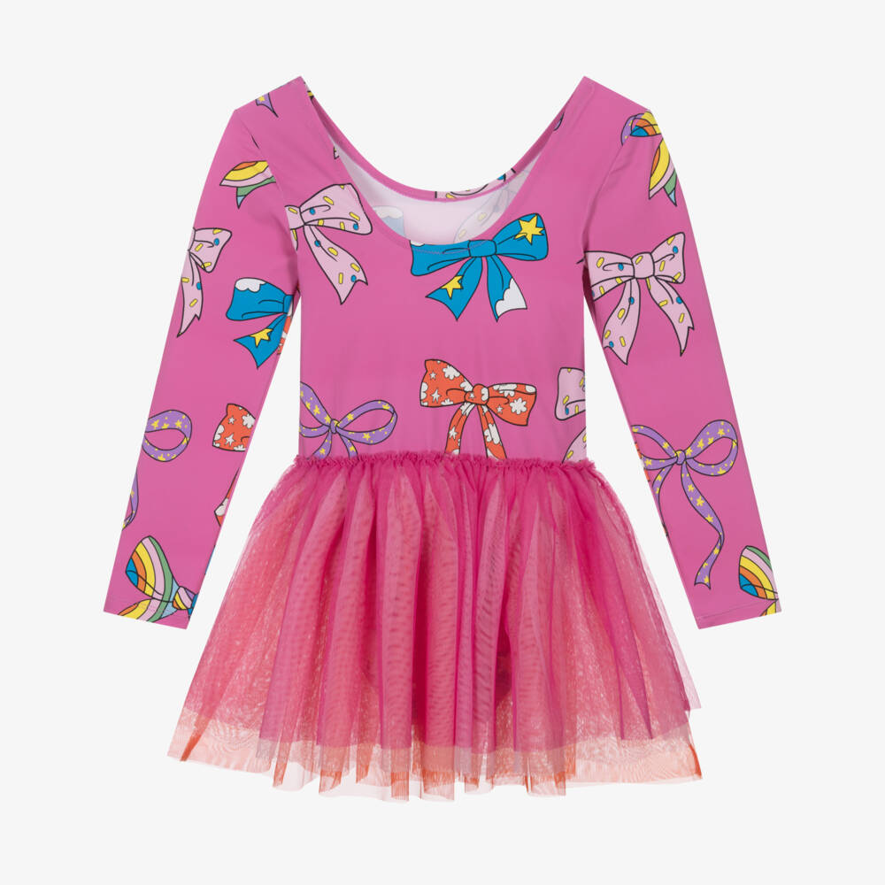 Girls Bright Pink Bow Printed Dress