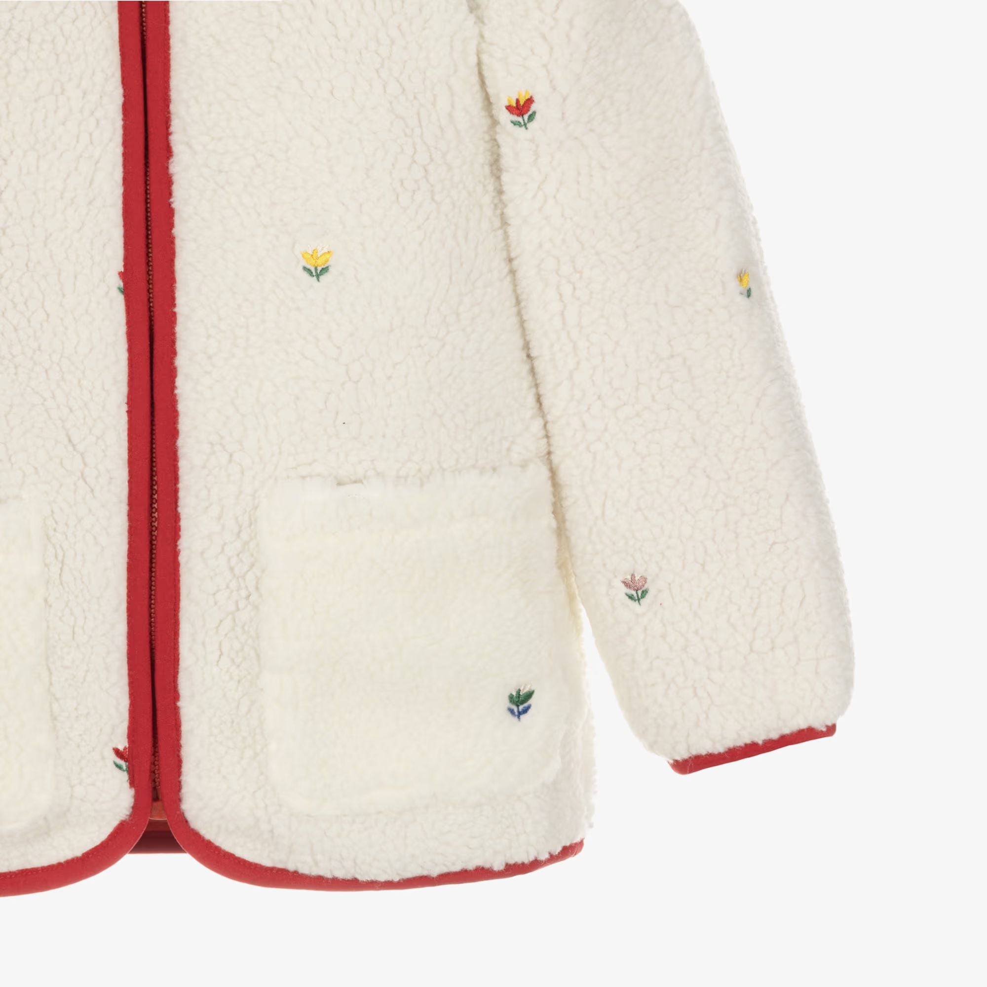Girls White Embroidered Sherpa Fleece Jacket