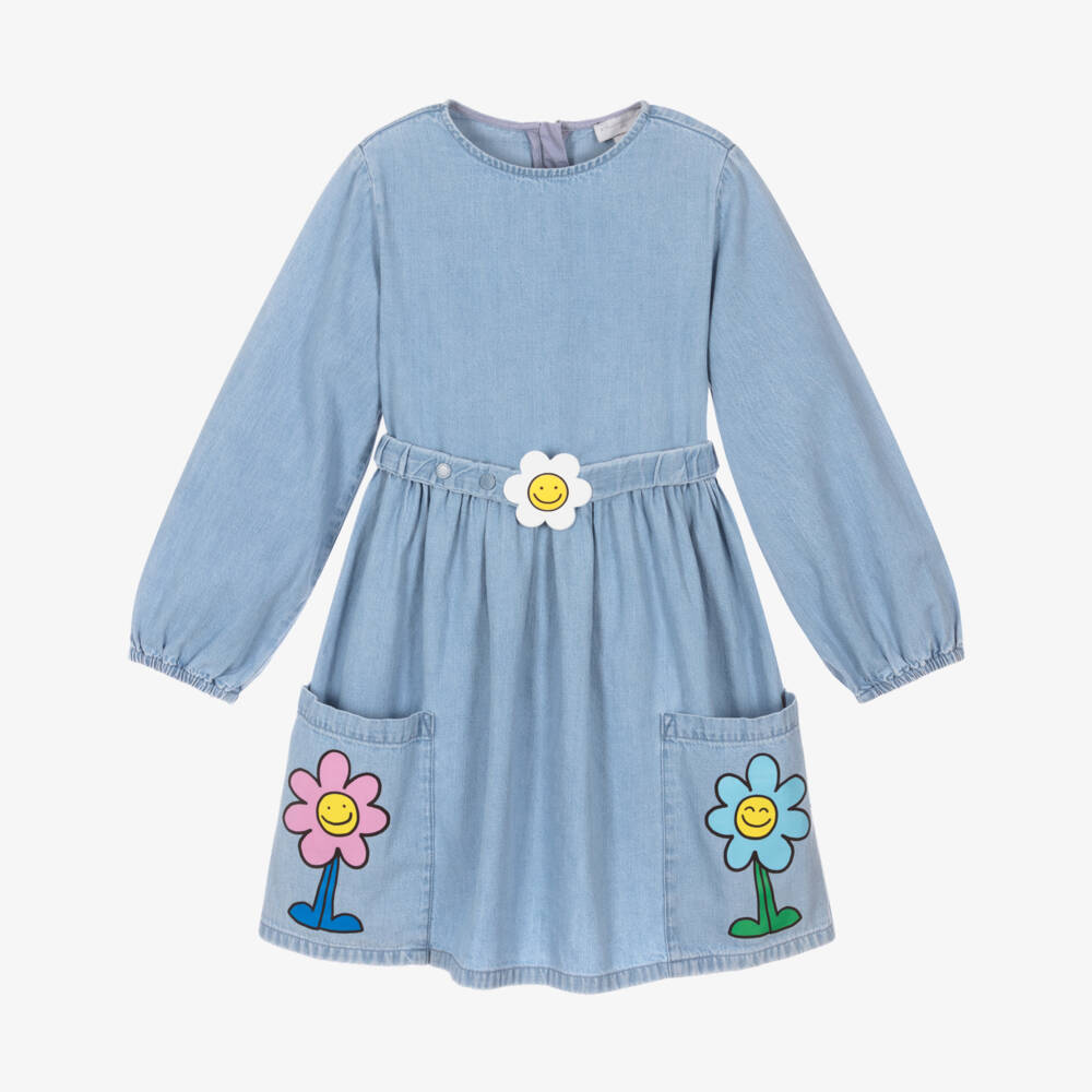 Girls Light Blue Flower Denim Dress