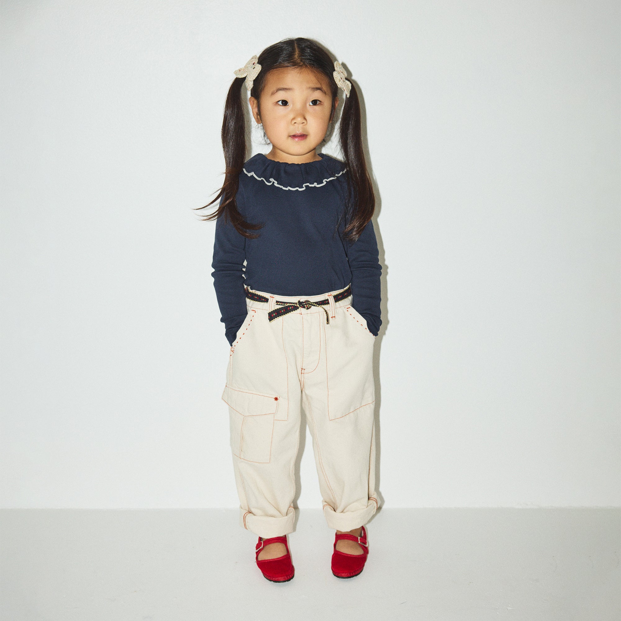 Girls Navy Ruffled Cotton Top