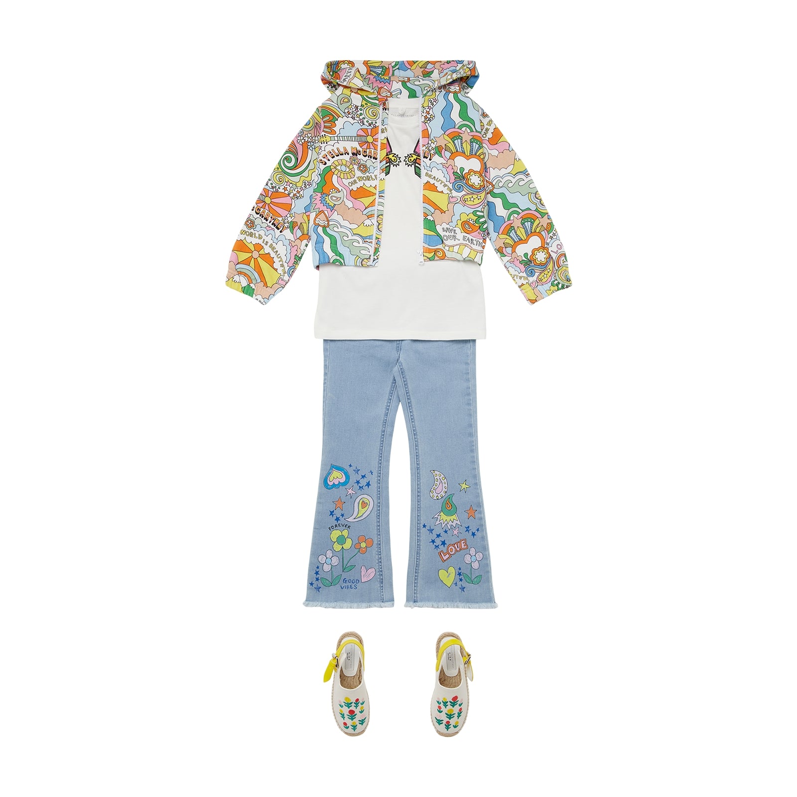 Girls Light Blue Printed Denim Trousers