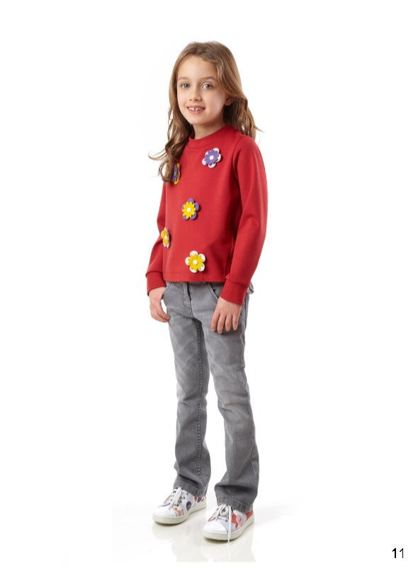 Girls Red Cotton Sweatshirt With Patch Flower Trims - CÉMAROSE | Children's Fashion Store - 2