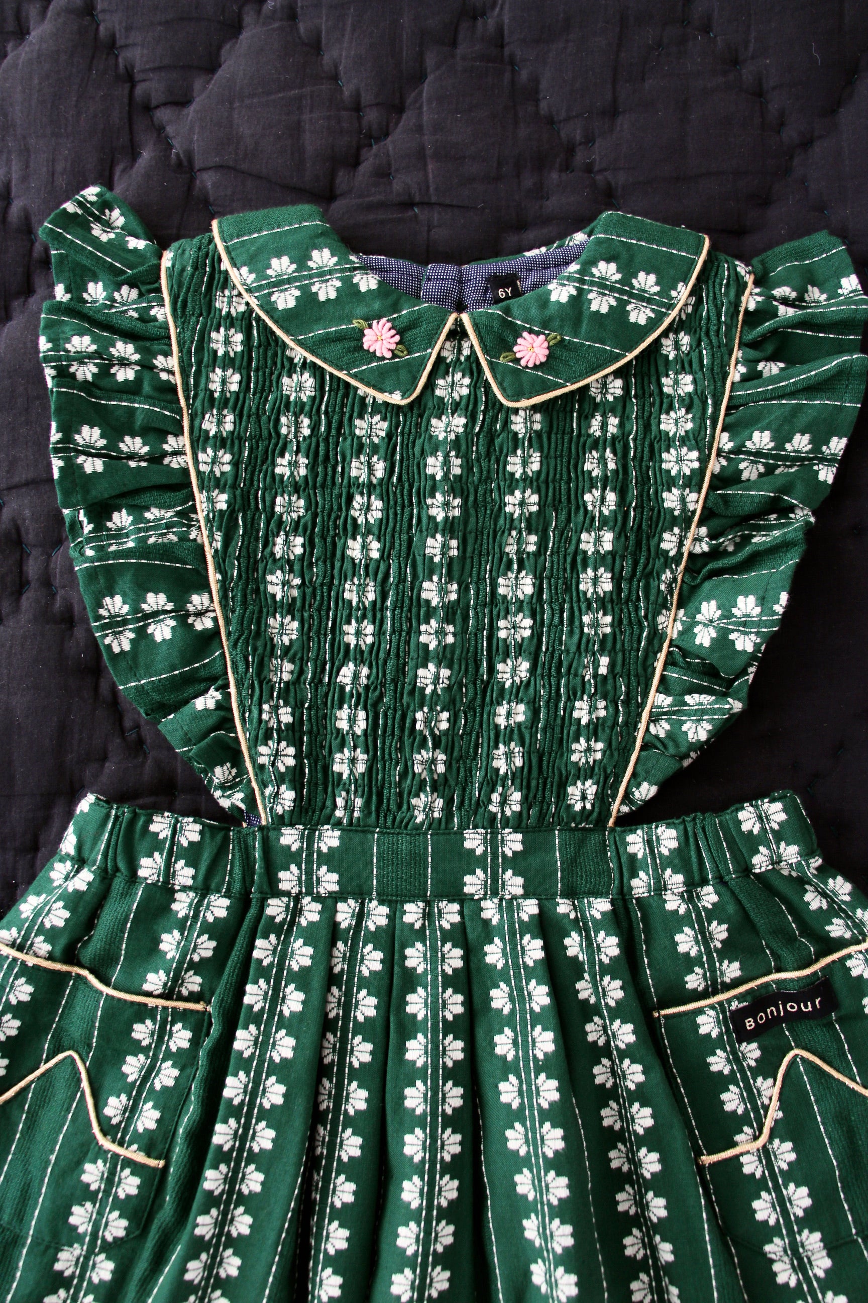 Girls Green Flowers Cotton Dress