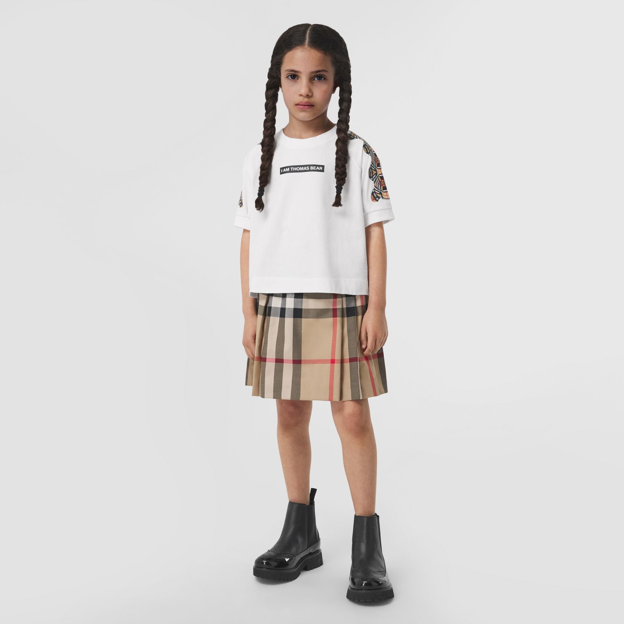 Girls Beige Check Cotton Skirt