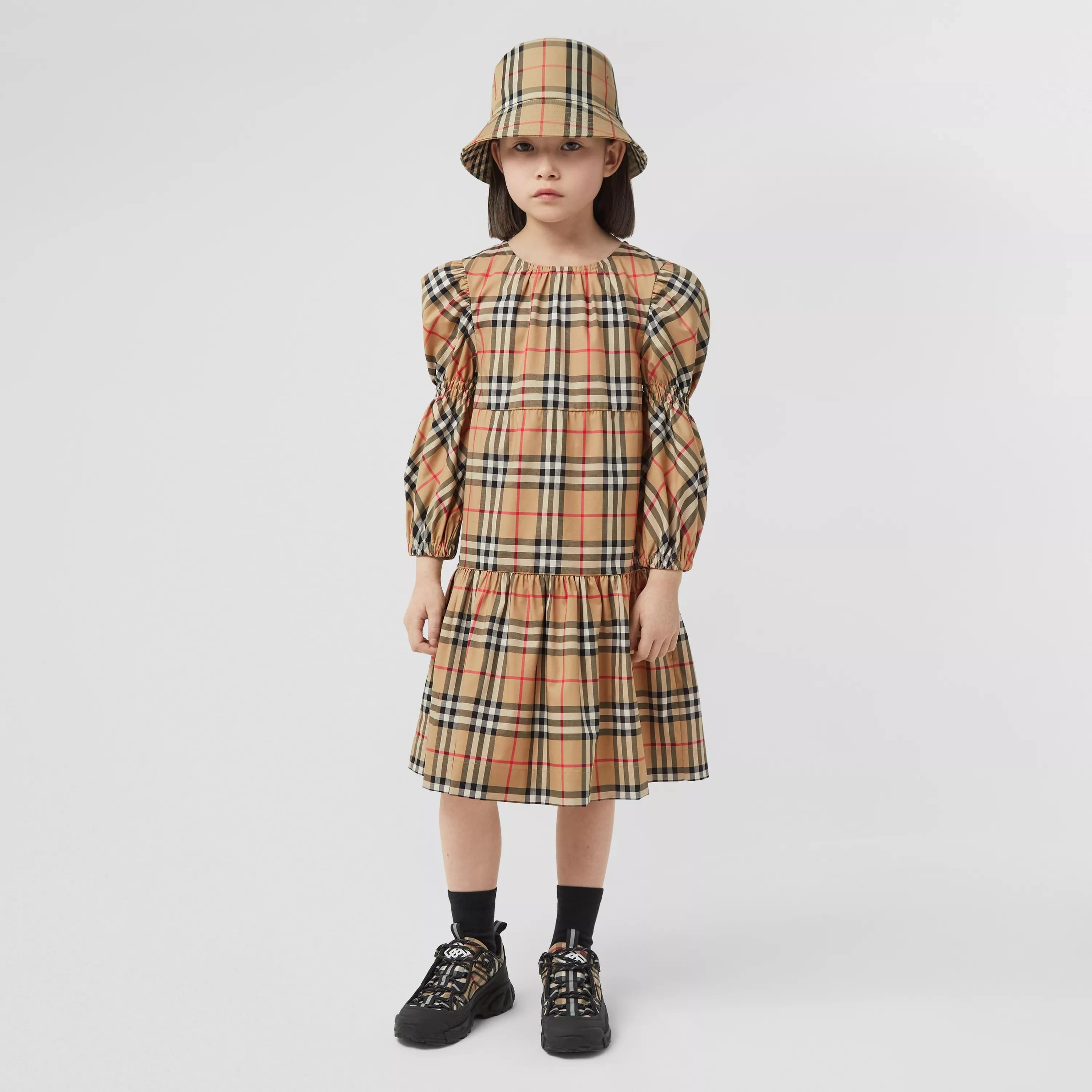 Girls Beige Check Cotton Dress