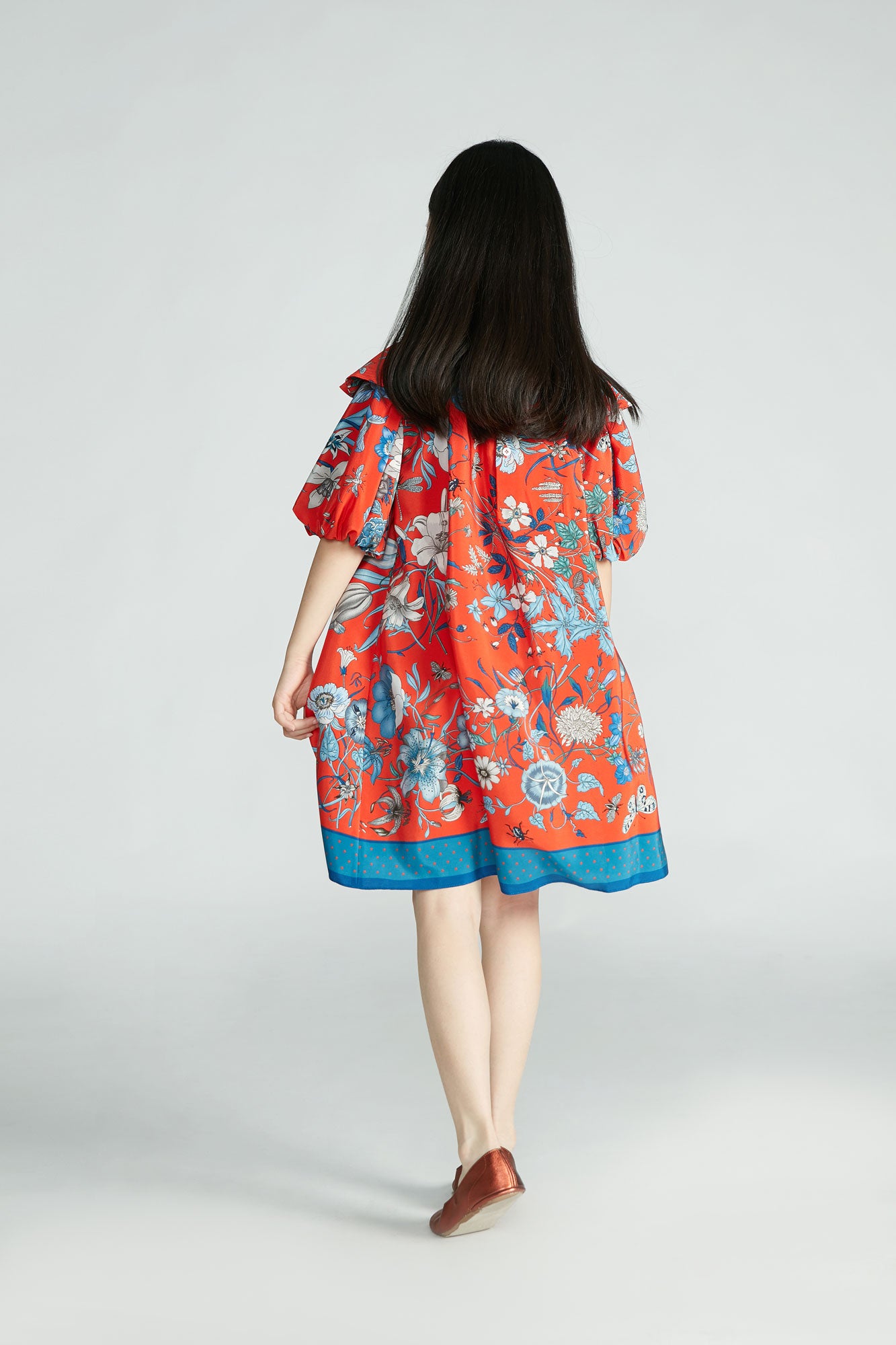 Girls Orange Red & Blue Printed Silk Dress