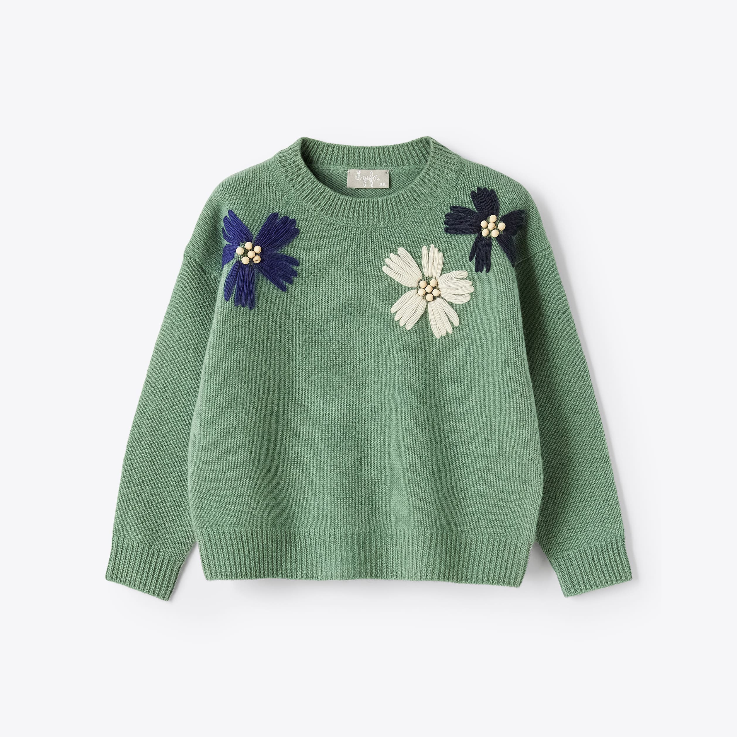 Girls Green Embroidered Flower Wool Sweater