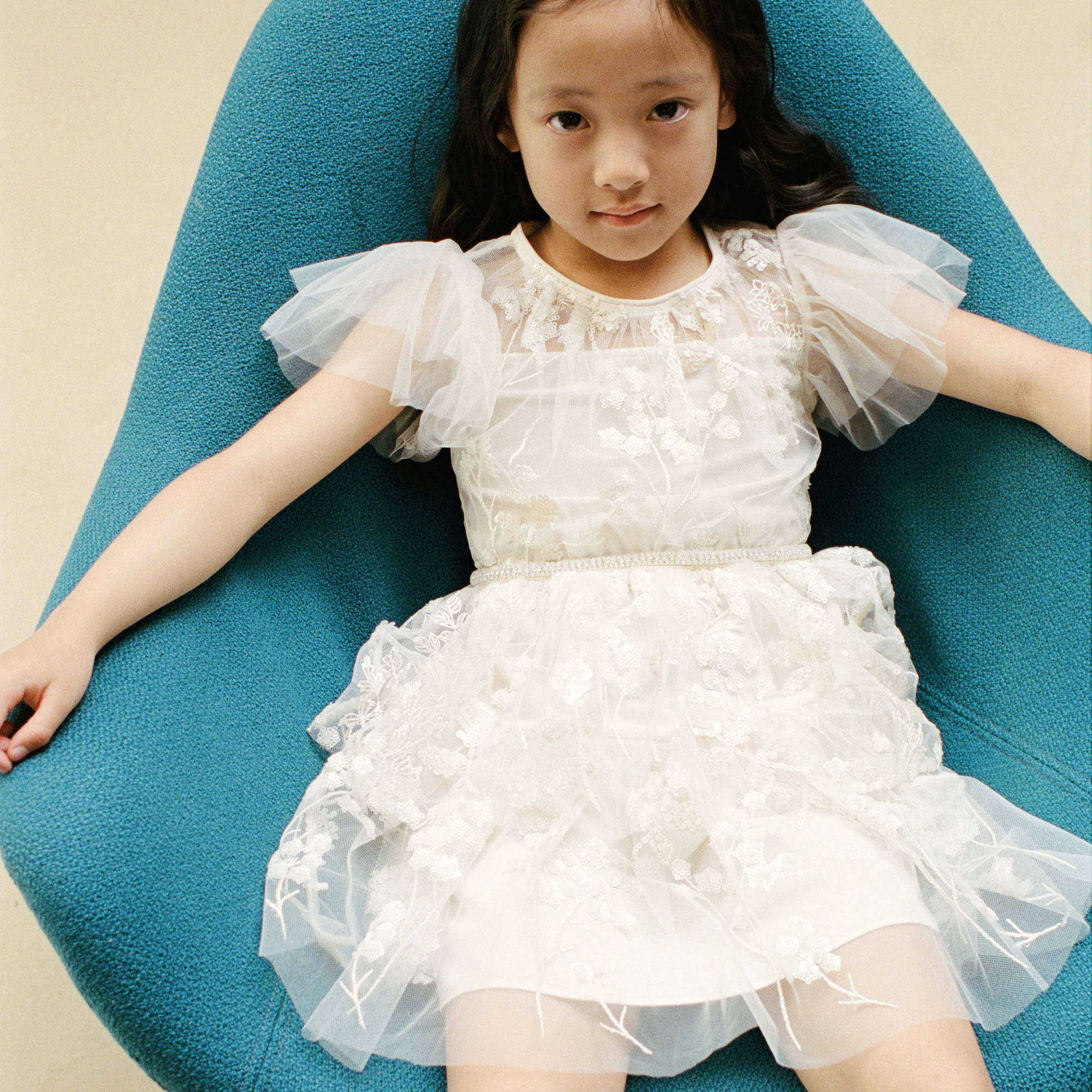 Girls Ivory Flower Sequin Dress