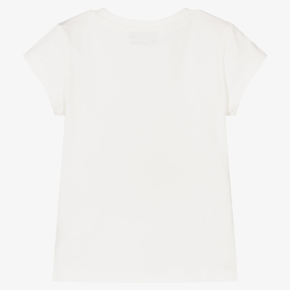 Girls White Printed Cotton T-Shirt