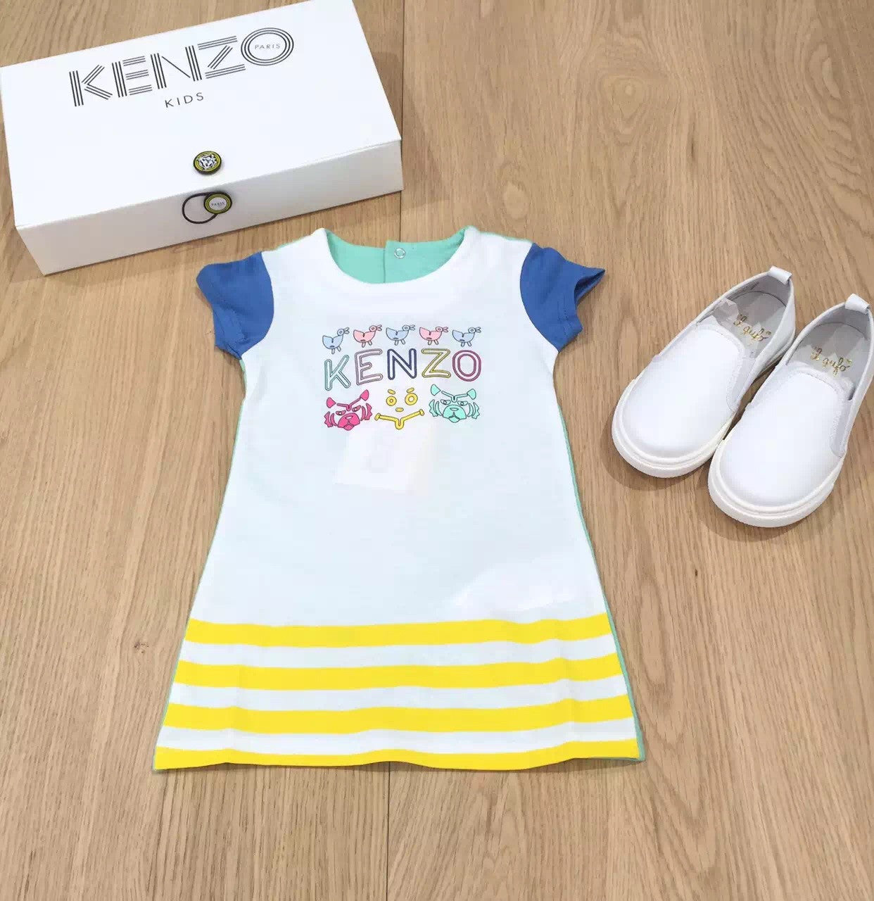 Baby Girls White Stripe Trim Dress With Blue Sleeve - CÉMAROSE | Children's Fashion Store